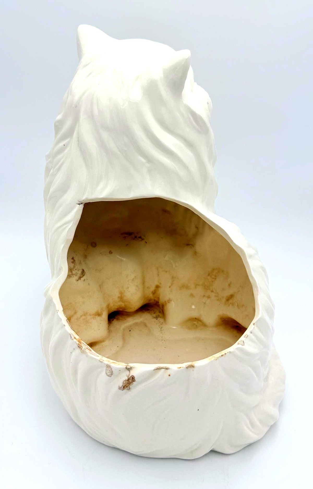 Vintage White Persian Cat Ceramic Planter, Hollywood Regency Longhair Cat Sculpture, Blue Eyes & Dramatic Eyelashes