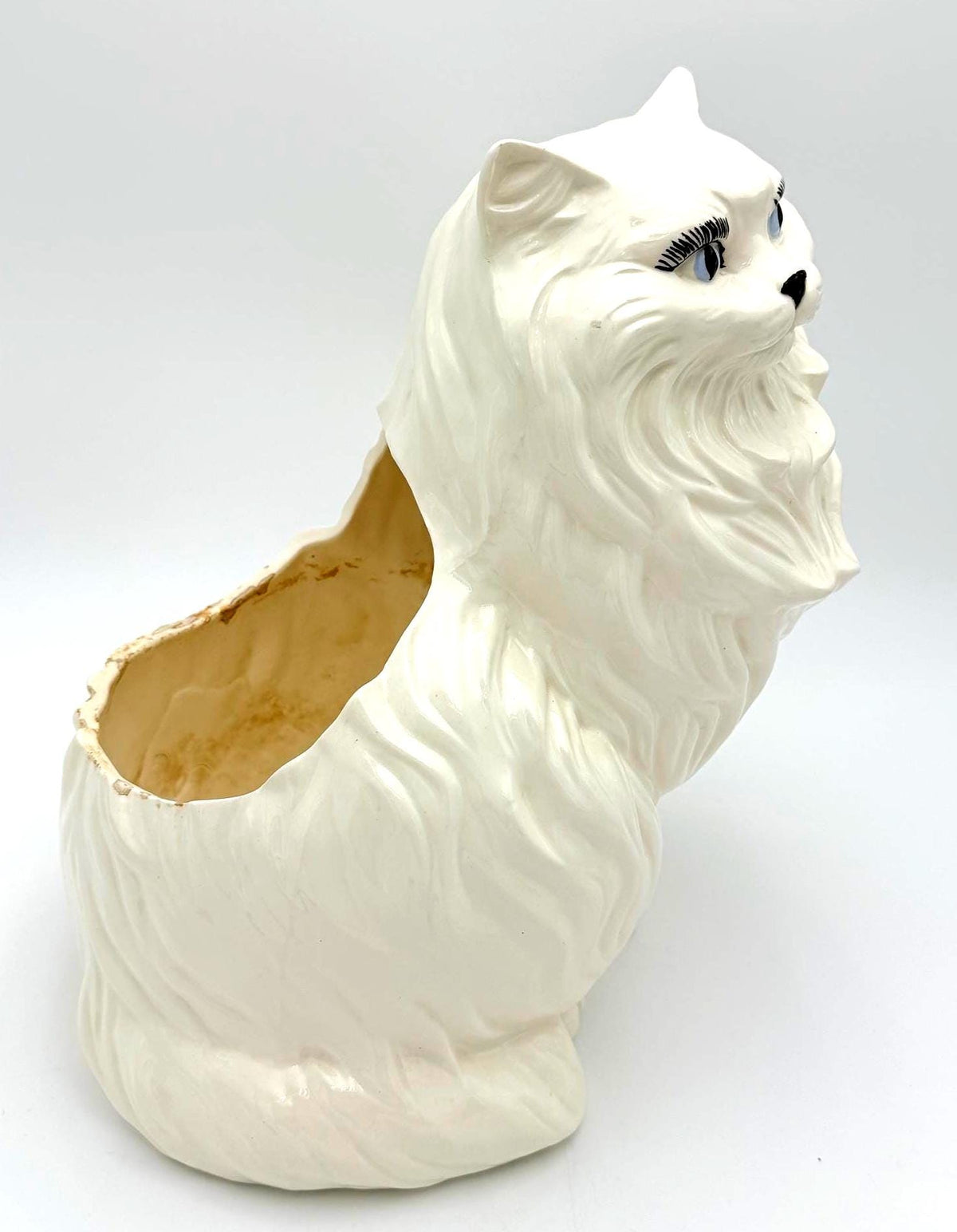 Vintage White Persian Cat Ceramic Planter, Hollywood Regency Longhair Cat Sculpture, Blue Eyes & Dramatic Eyelashes