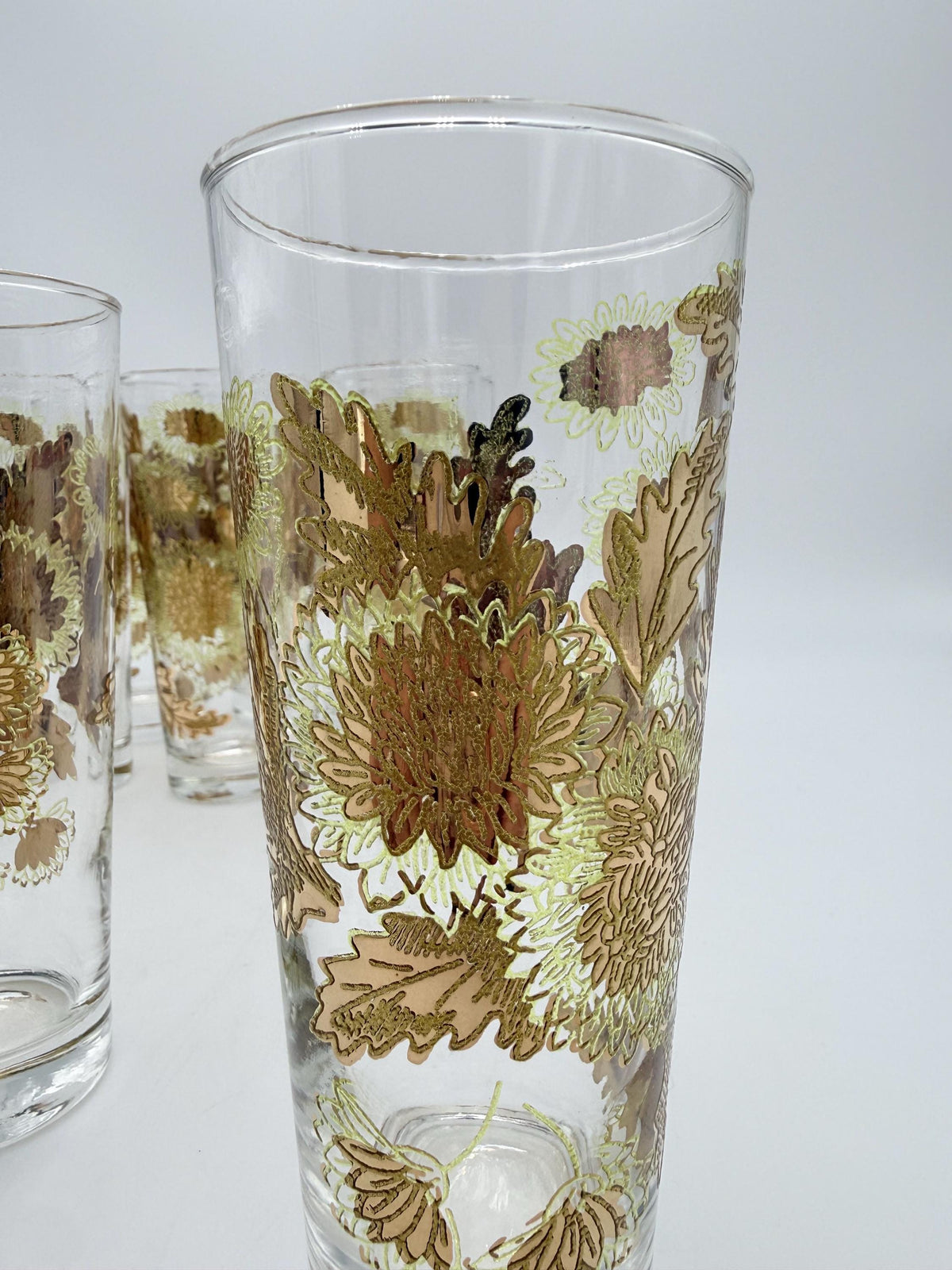 Vintage Bartlett-Collins Pokee Gold Chrysanthemum Highball Glasses  Set of 8 Hollywood Regency