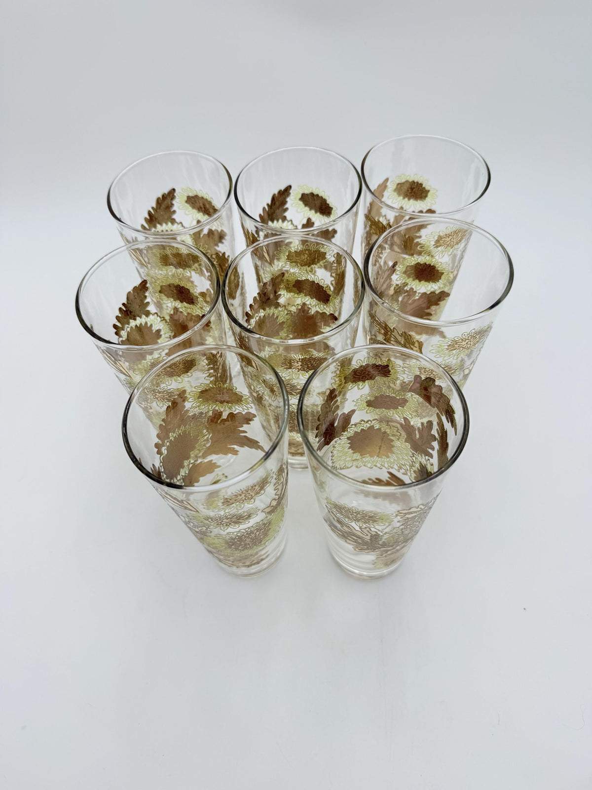 Vintage Bartlett-Collins Pokee Gold Chrysanthemum Highball Glasses  Set of 8 Hollywood Regency