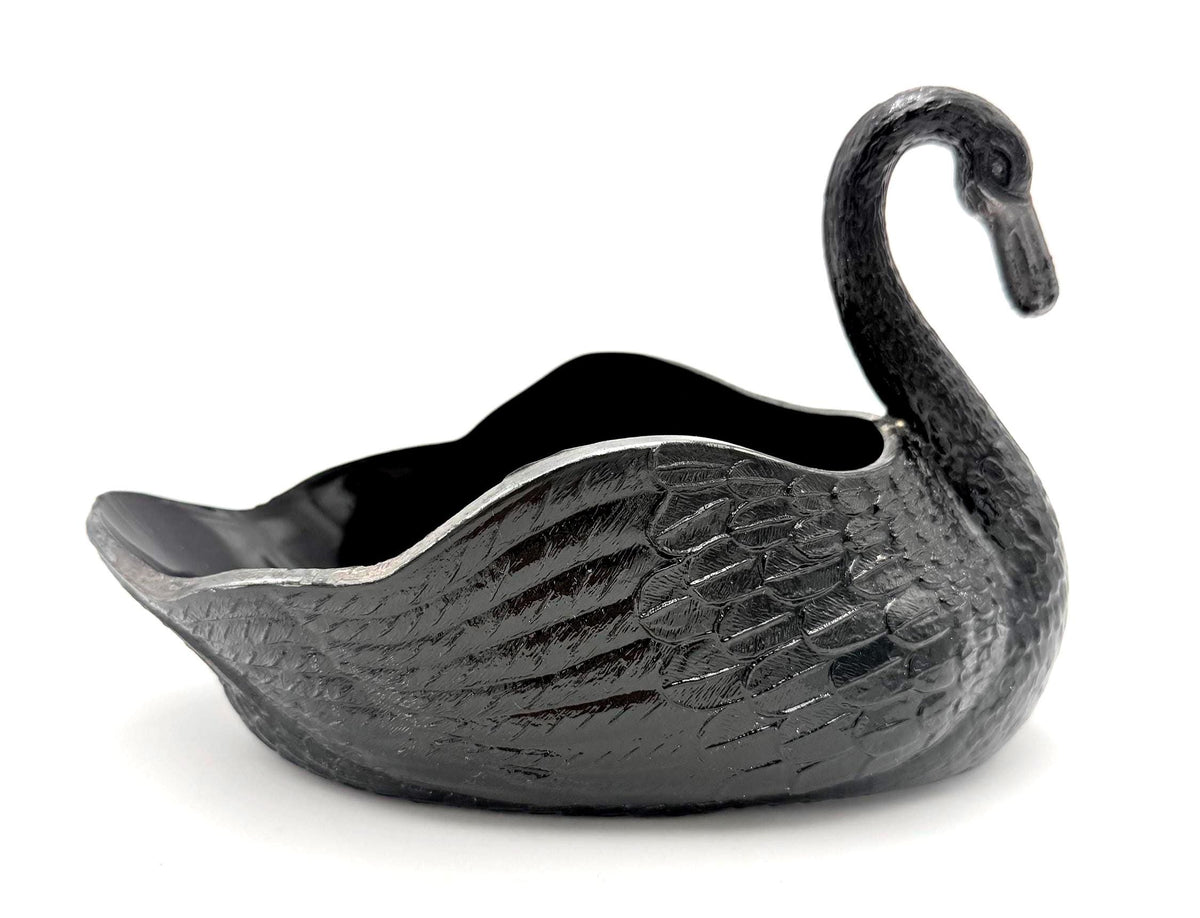Vintage Black Glass Swan Bowl, Hollywood Regency Decor, Sculptural Glass Centerpiece, Gothic Glamour