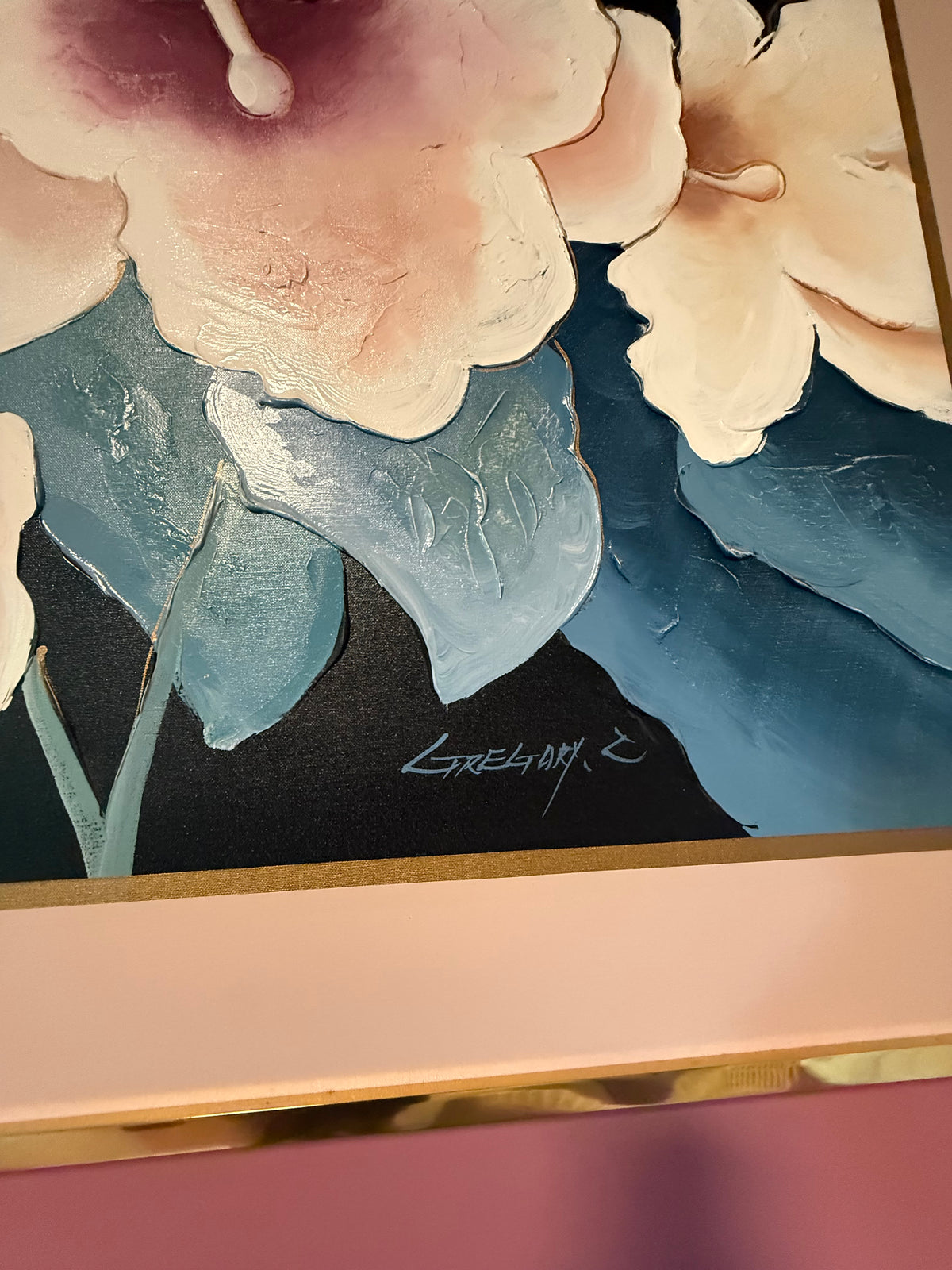 Gregory C. Oversized Textured Floral Painting Signed Gregory C. Circa 1980s