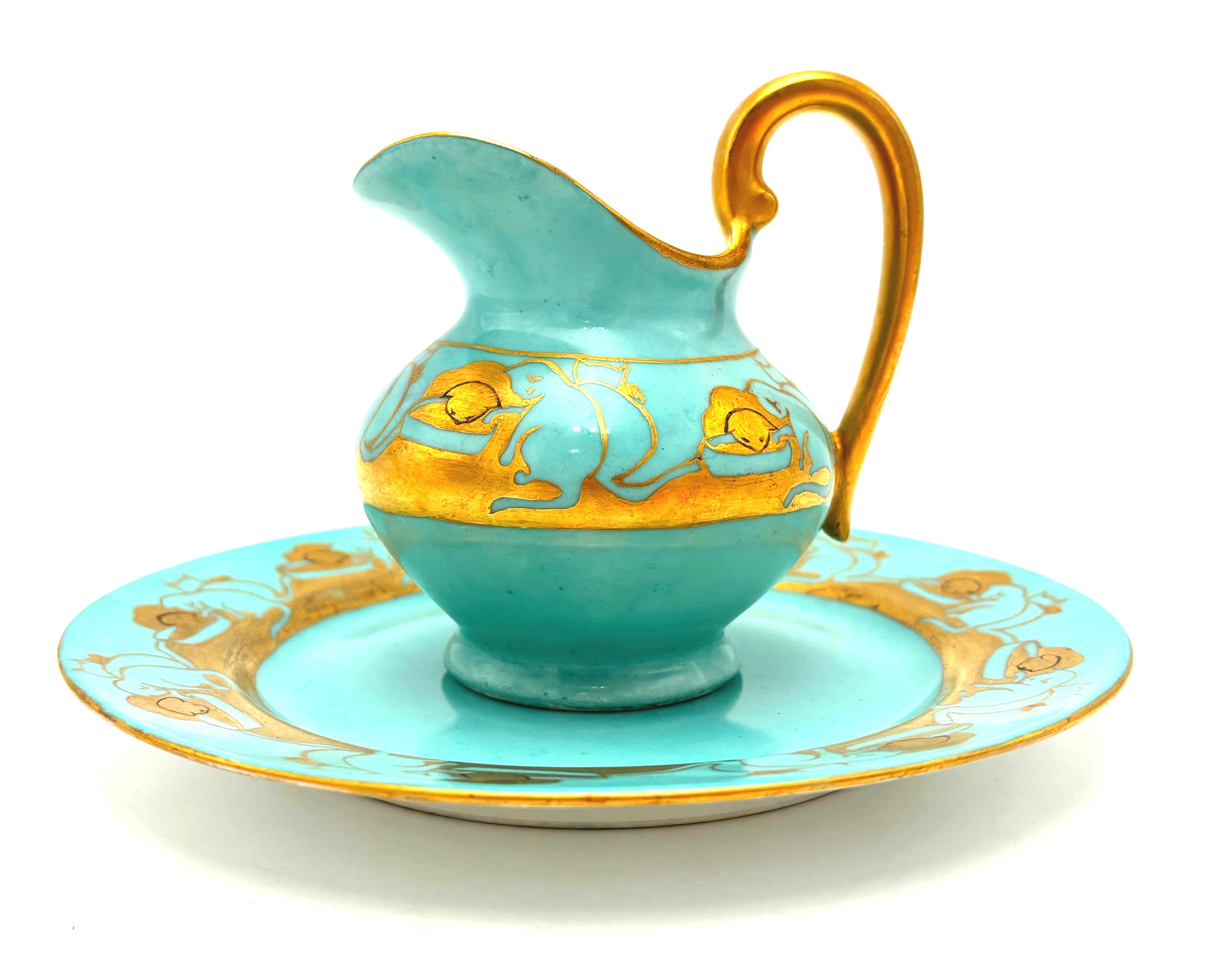 ANTIQUE T&amp;V LIMOGES CAT CREAMER AND SAUCER – TURQUOISE AND GOLD FRENCH PORCELAIN