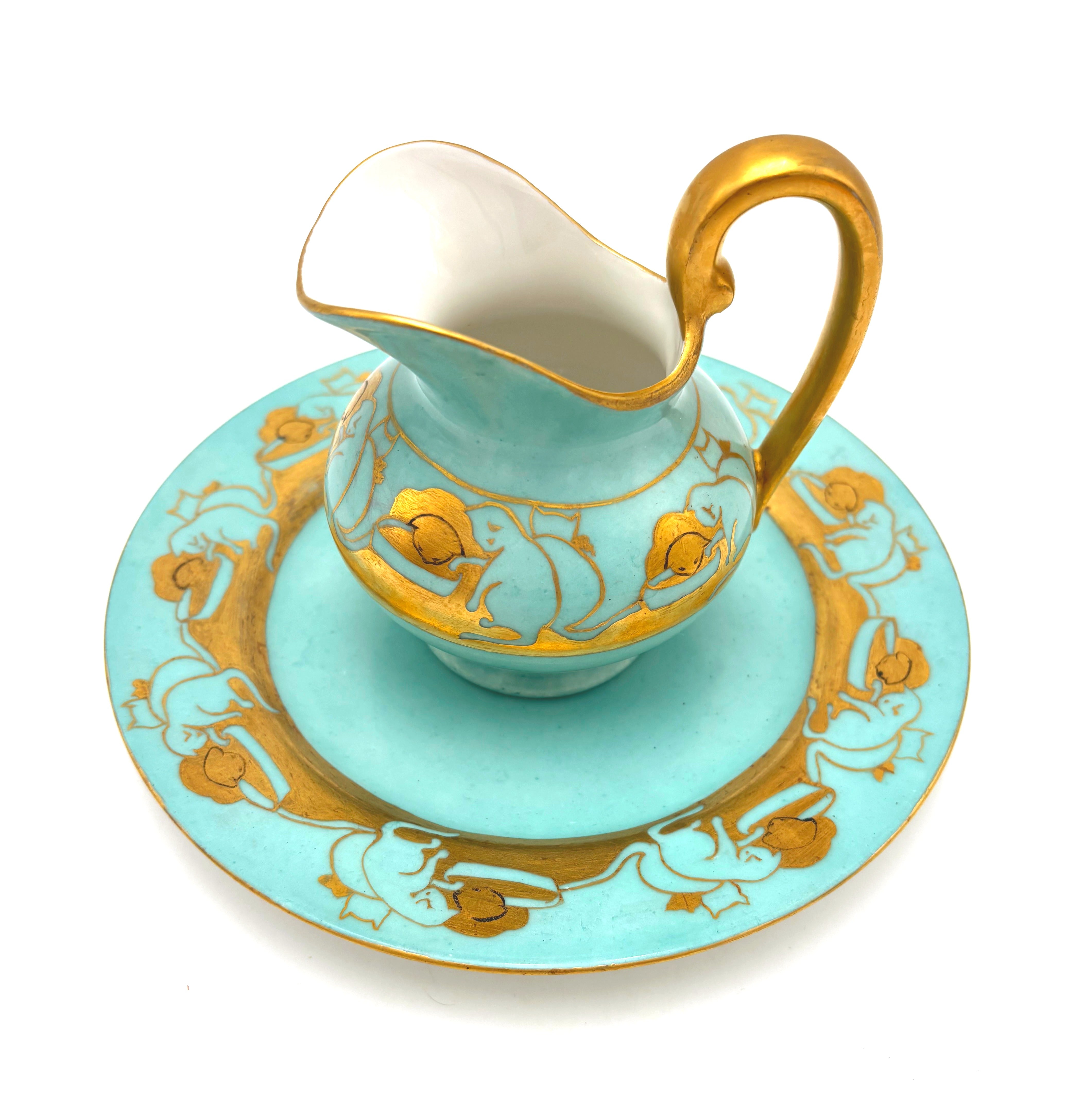 ANTIQUE T&amp;V LIMOGES CAT CREAMER AND SAUCER – TURQUOISE AND GOLD FRENCH PORCELAIN