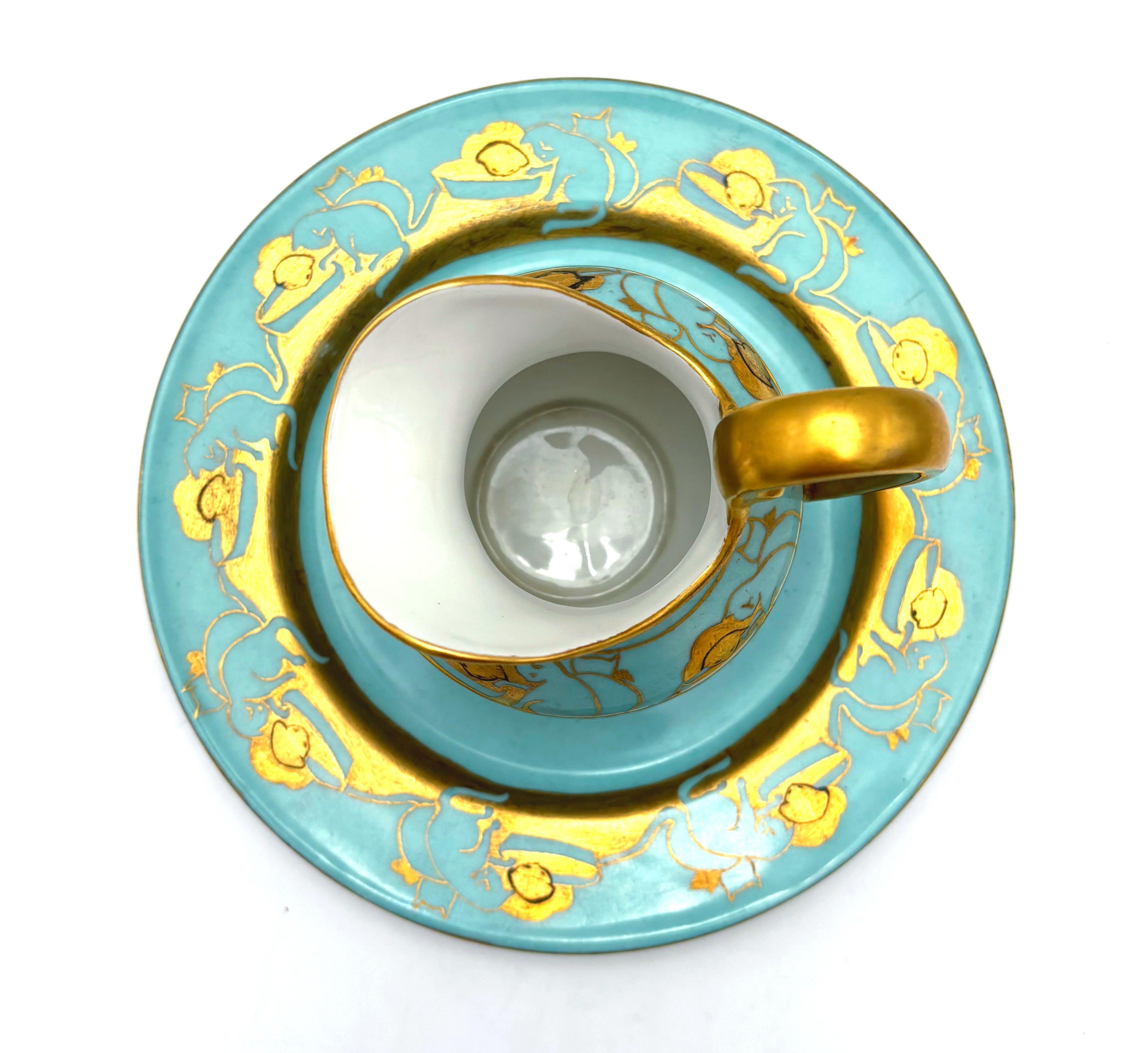 ANTIQUE T&amp;V LIMOGES CAT CREAMER AND SAUCER – TURQUOISE AND GOLD FRENCH PORCELAIN