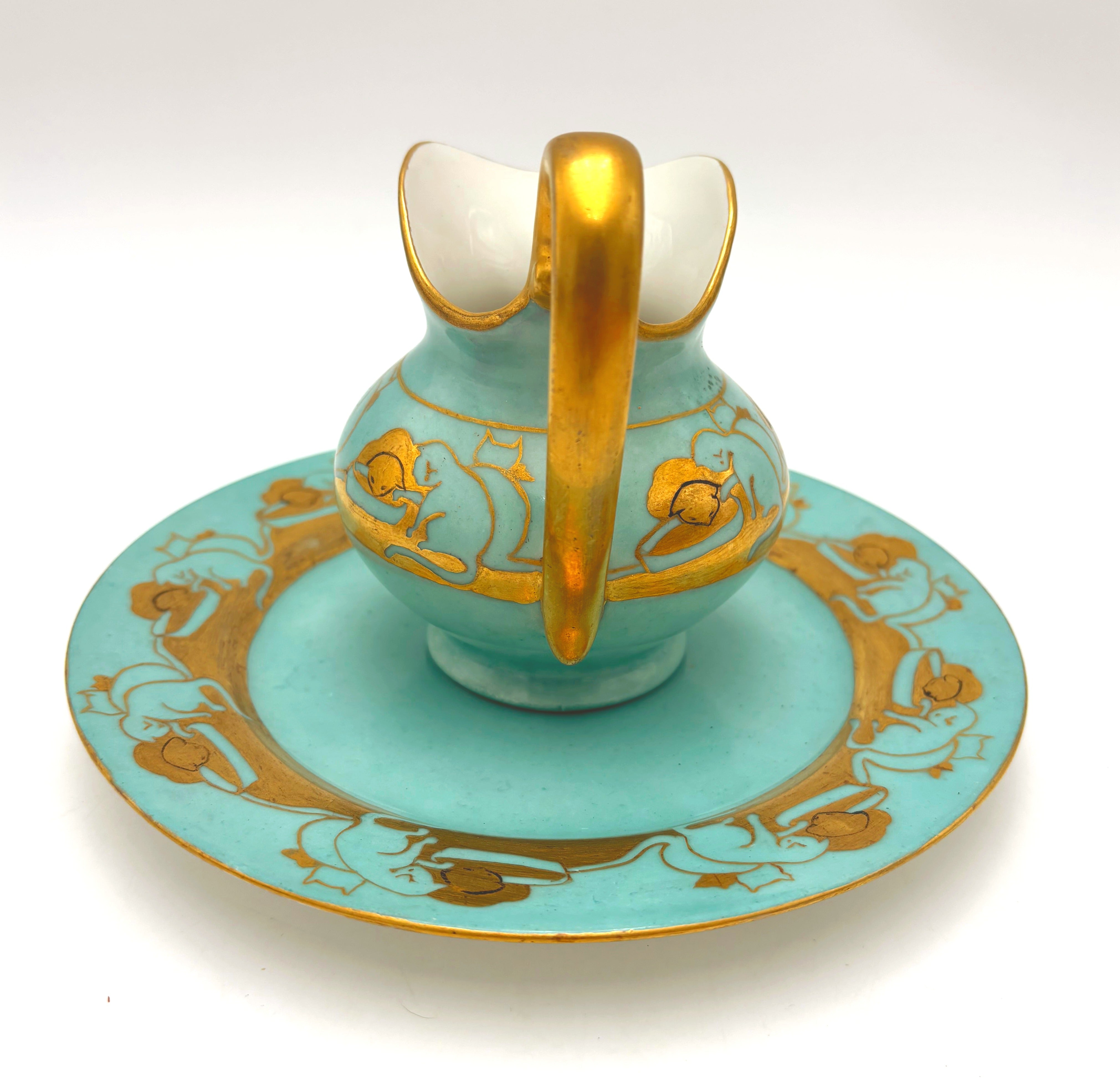 ANTIQUE T&amp;V LIMOGES CAT CREAMER AND SAUCER – TURQUOISE AND GOLD FRENCH PORCELAIN