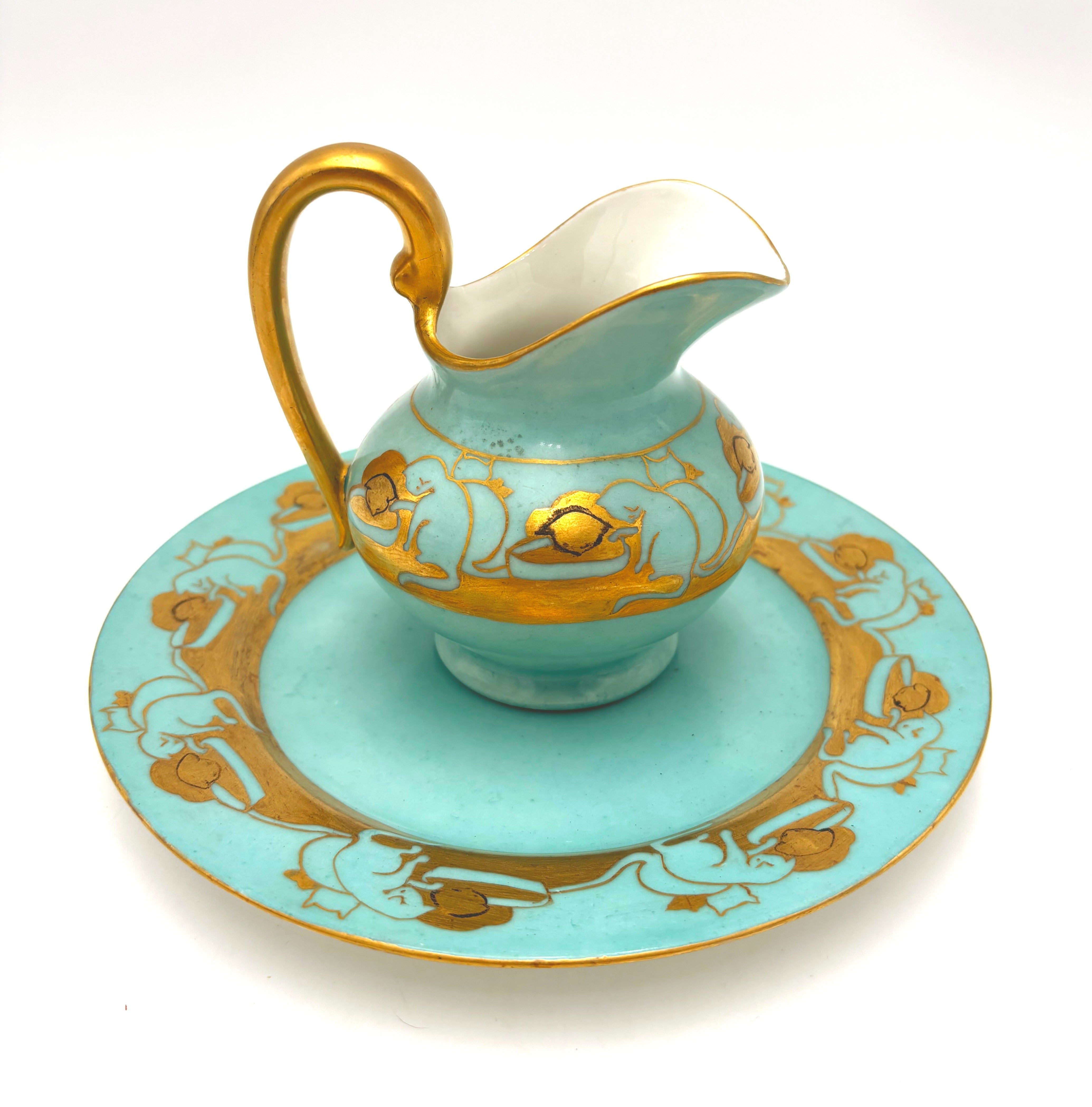 ANTIQUE T&amp;V LIMOGES CAT CREAMER AND SAUCER – TURQUOISE AND GOLD FRENCH PORCELAIN