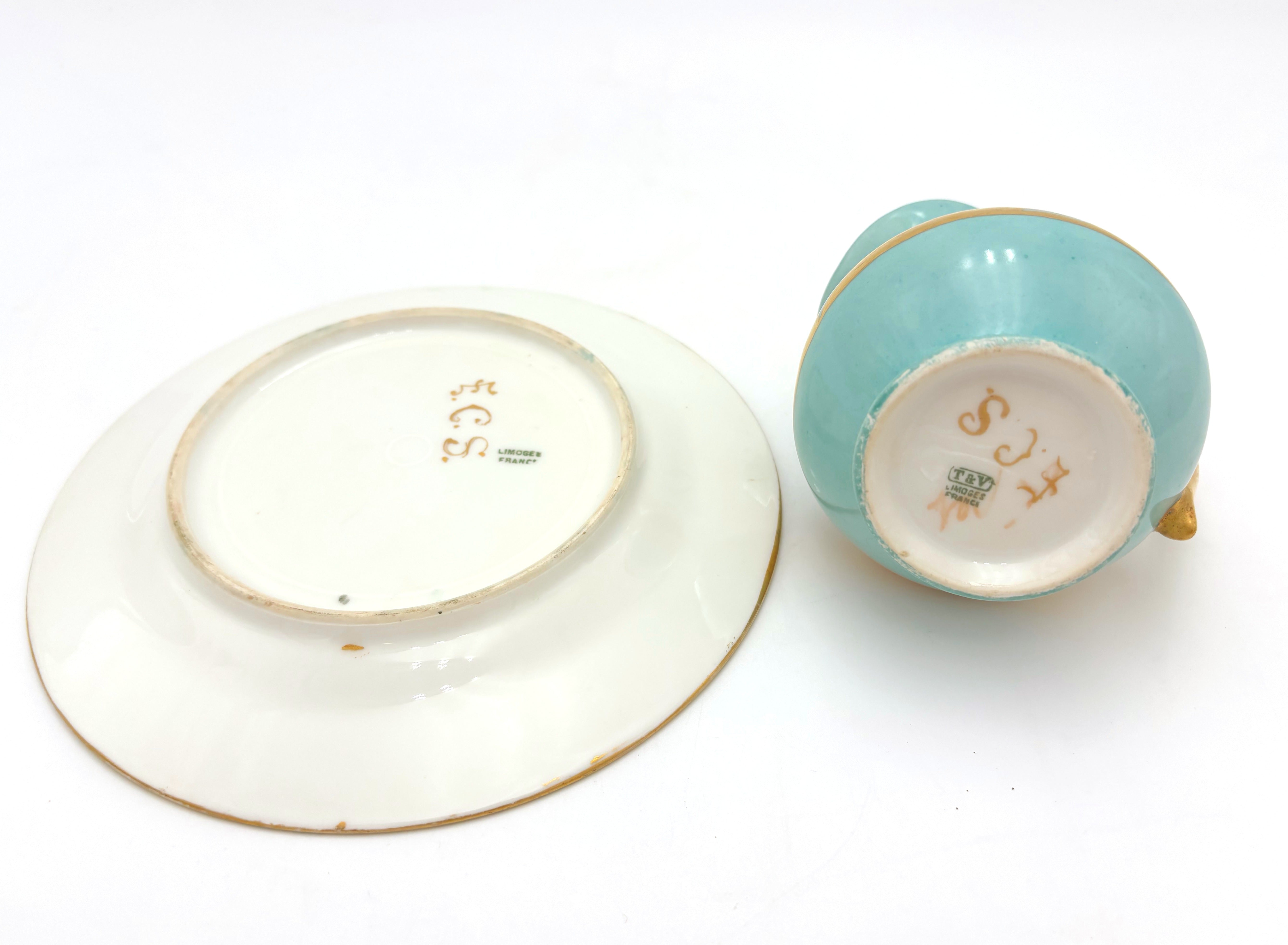 ANTIQUE T&amp;V LIMOGES CAT CREAMER AND SAUCER – TURQUOISE AND GOLD FRENCH PORCELAIN