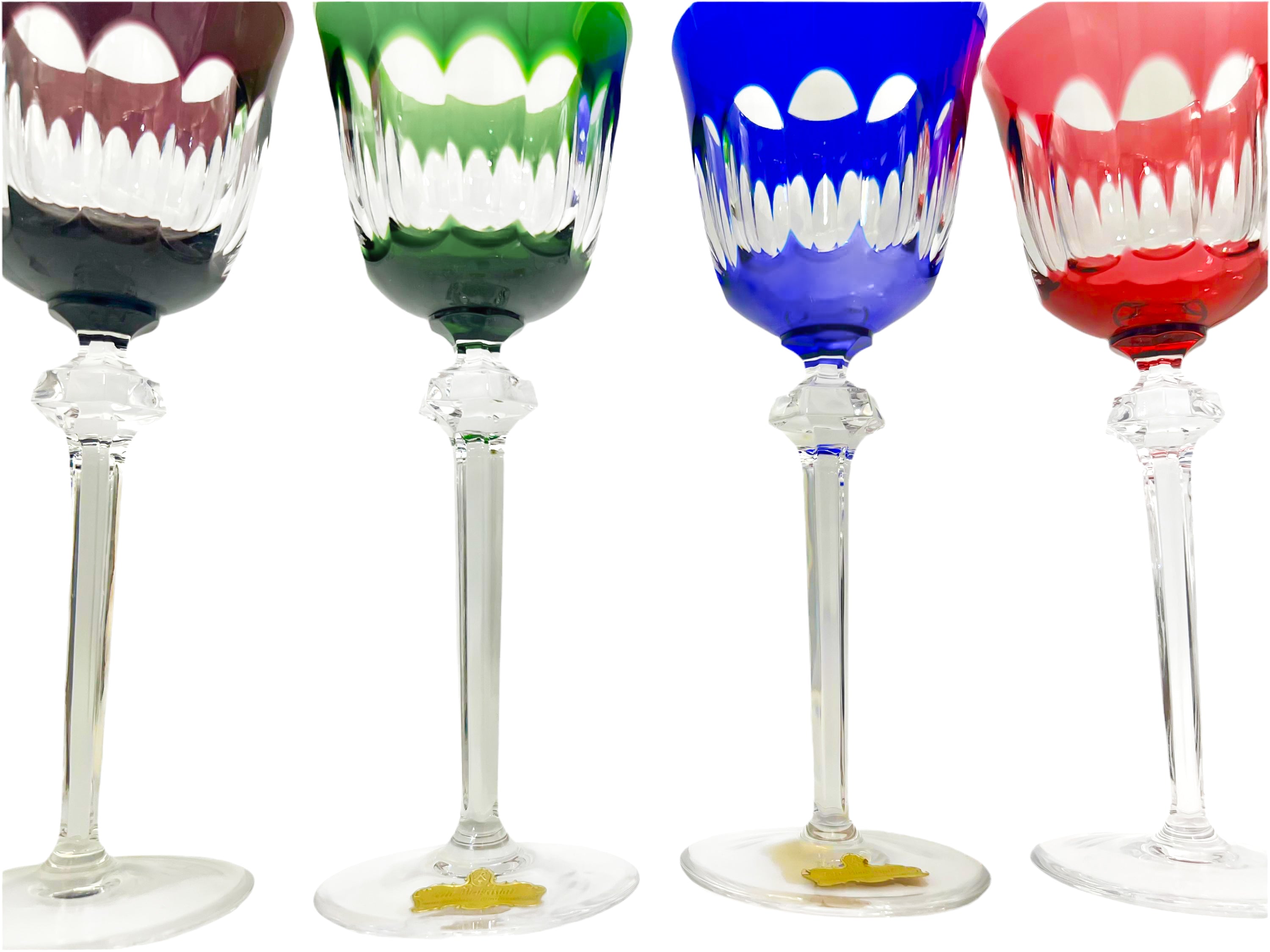 Set of 4 Nachtmann Romer wine glasses in mint condition with colorful cut-to-clear bowls and faceted stems.