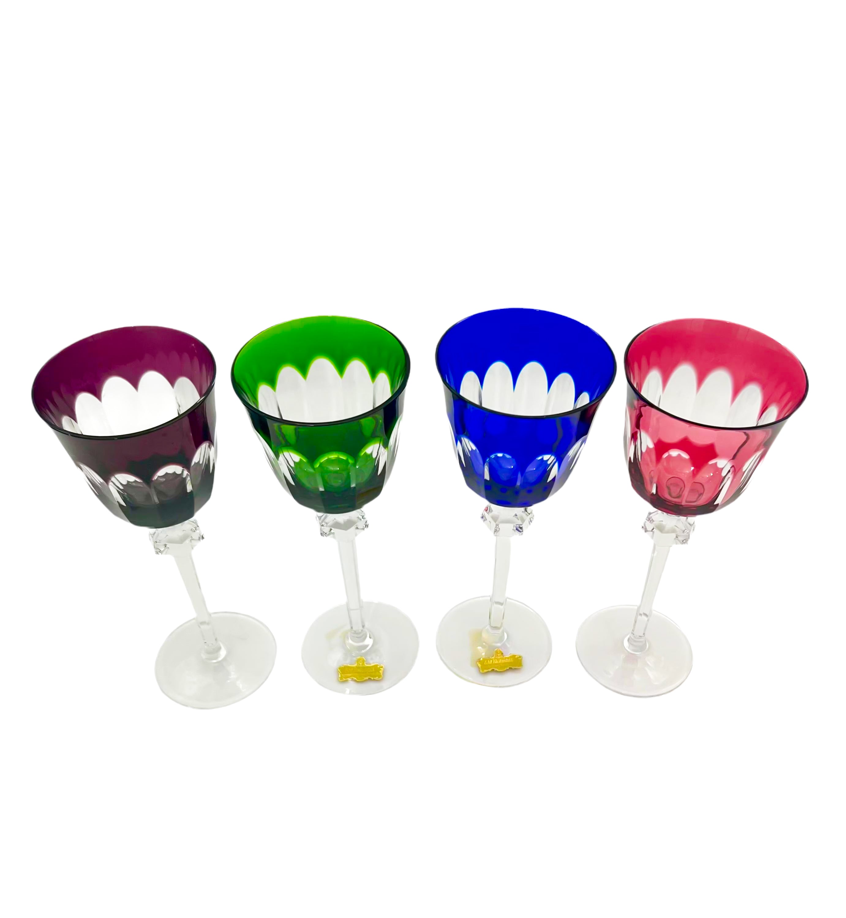 Set of 4 Nachtmann Romer wine glasses in mint condition with colorful cut-to-clear bowls and faceted stems.