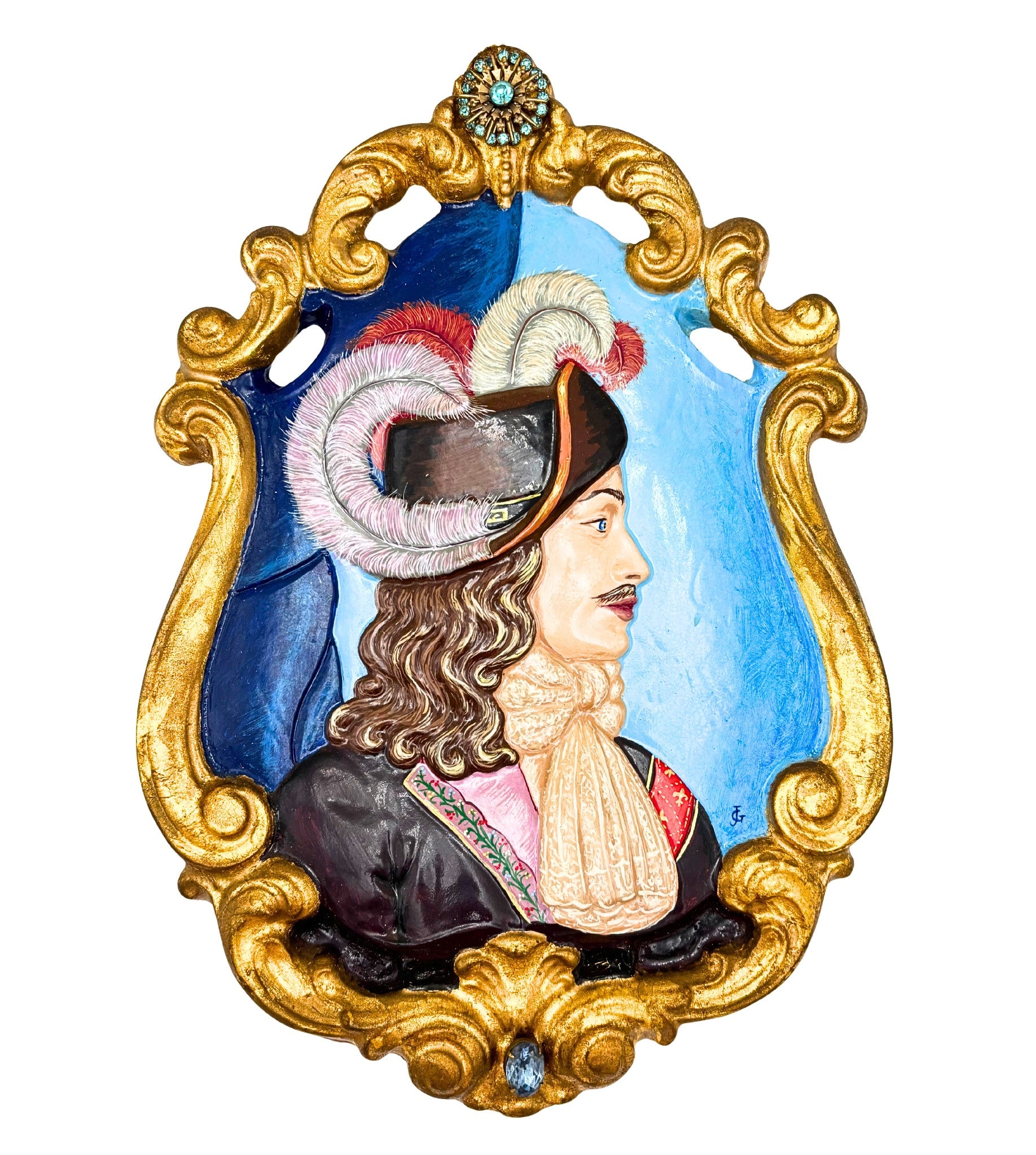 VINTAGE HAND PAINTED CAVALIER WALL PLAQUE WITH JEWELED GOLD ROCOCO FRAME