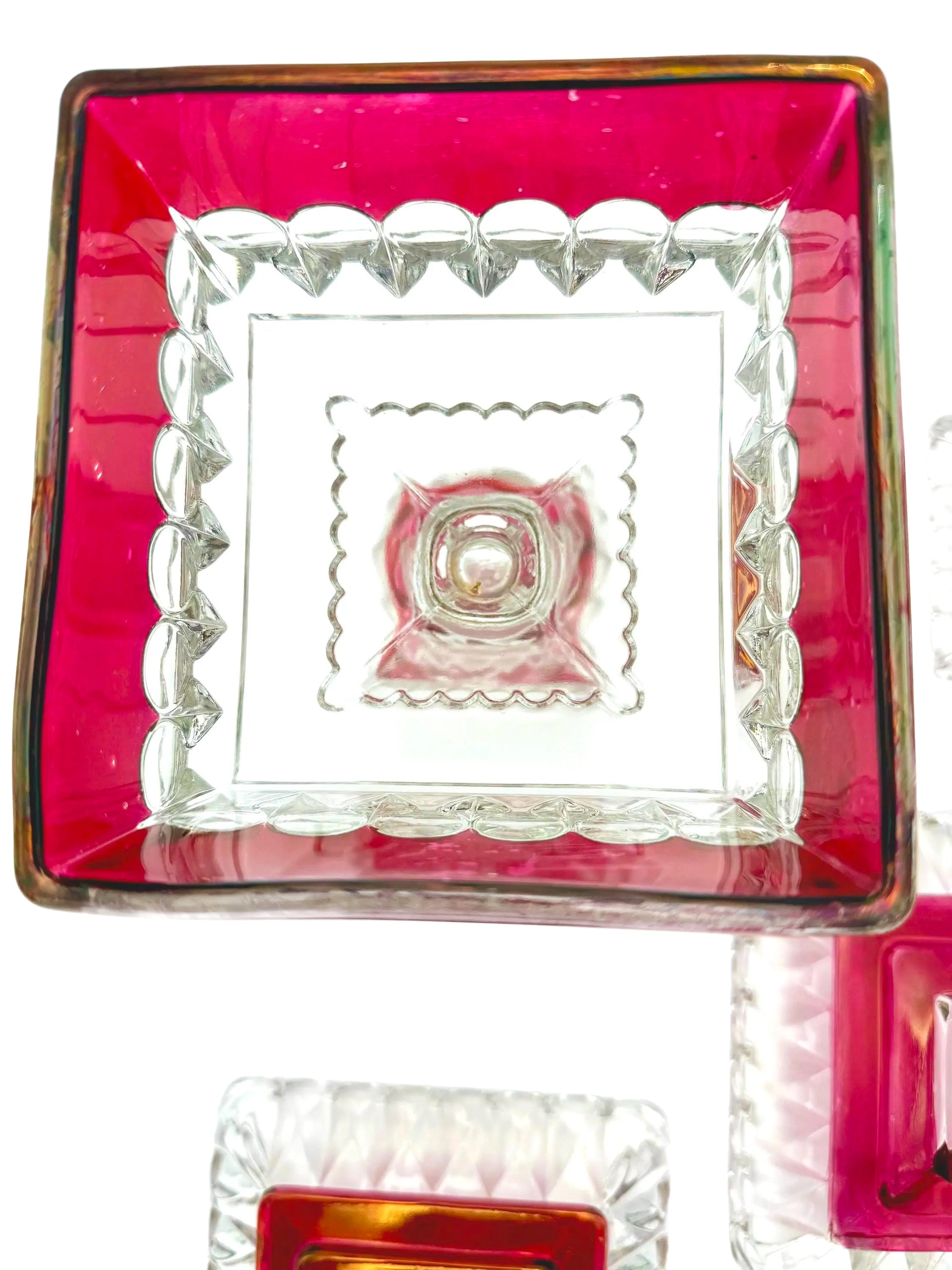 1890s Victorian ruby-stained EAPG pedestal compotes with lids, manufactured by U.S. Glass.