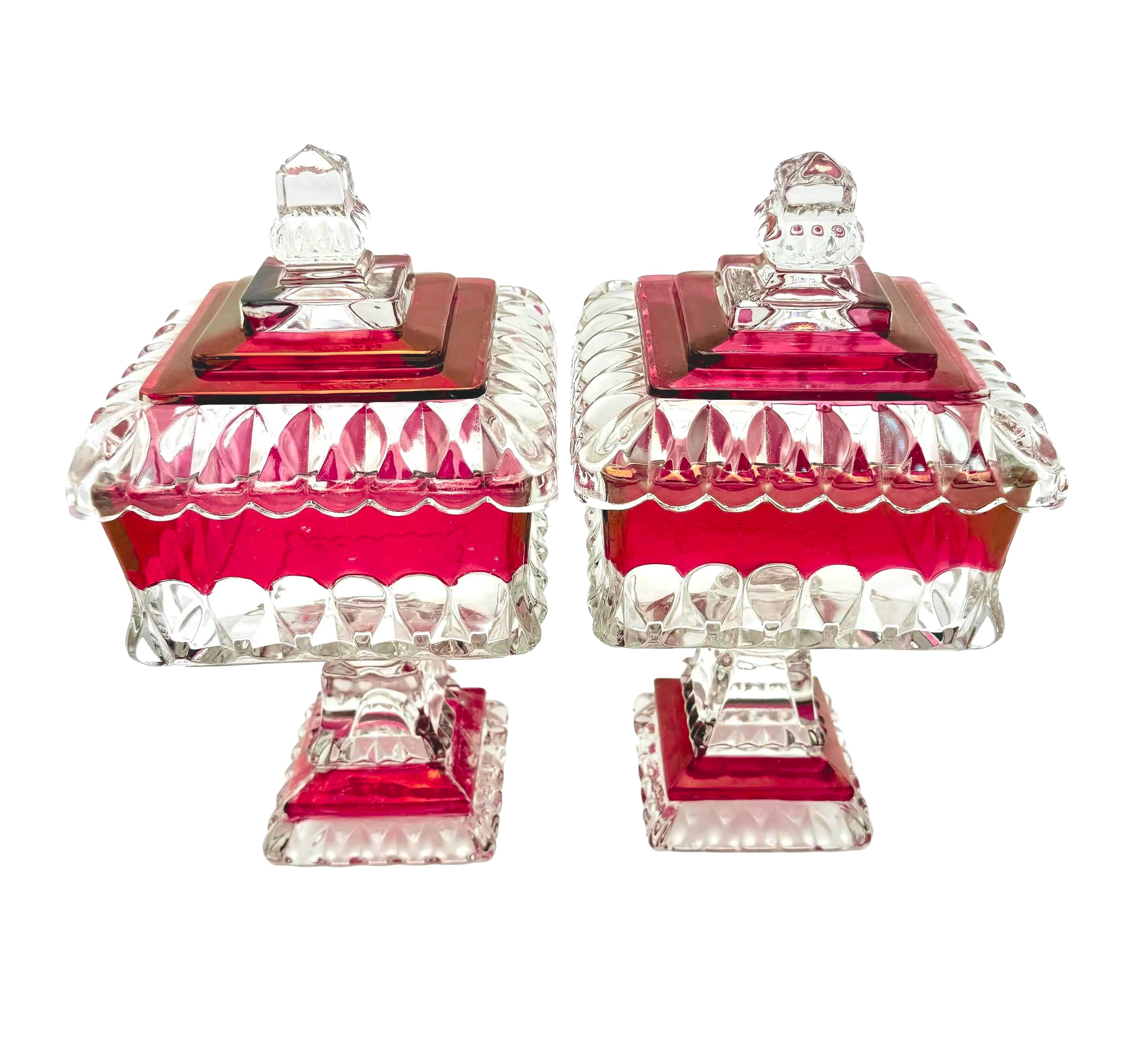 1890s Victorian ruby-stained EAPG pedestal compotes with lids, manufactured by U.S. Glass.