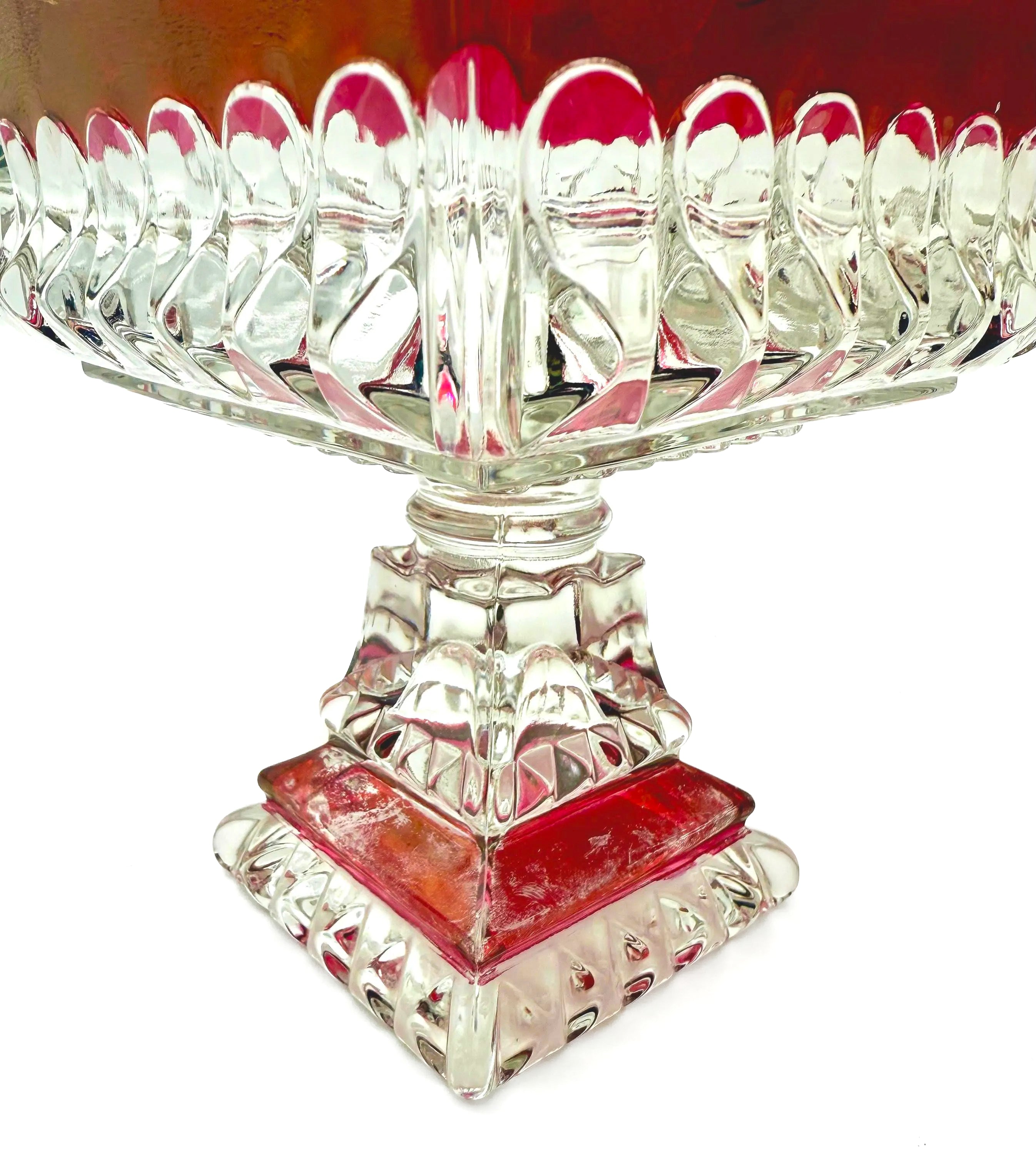 1890s Victorian ruby-stained EAPG pedestal compotes with lids, manufactured by U.S. Glass.