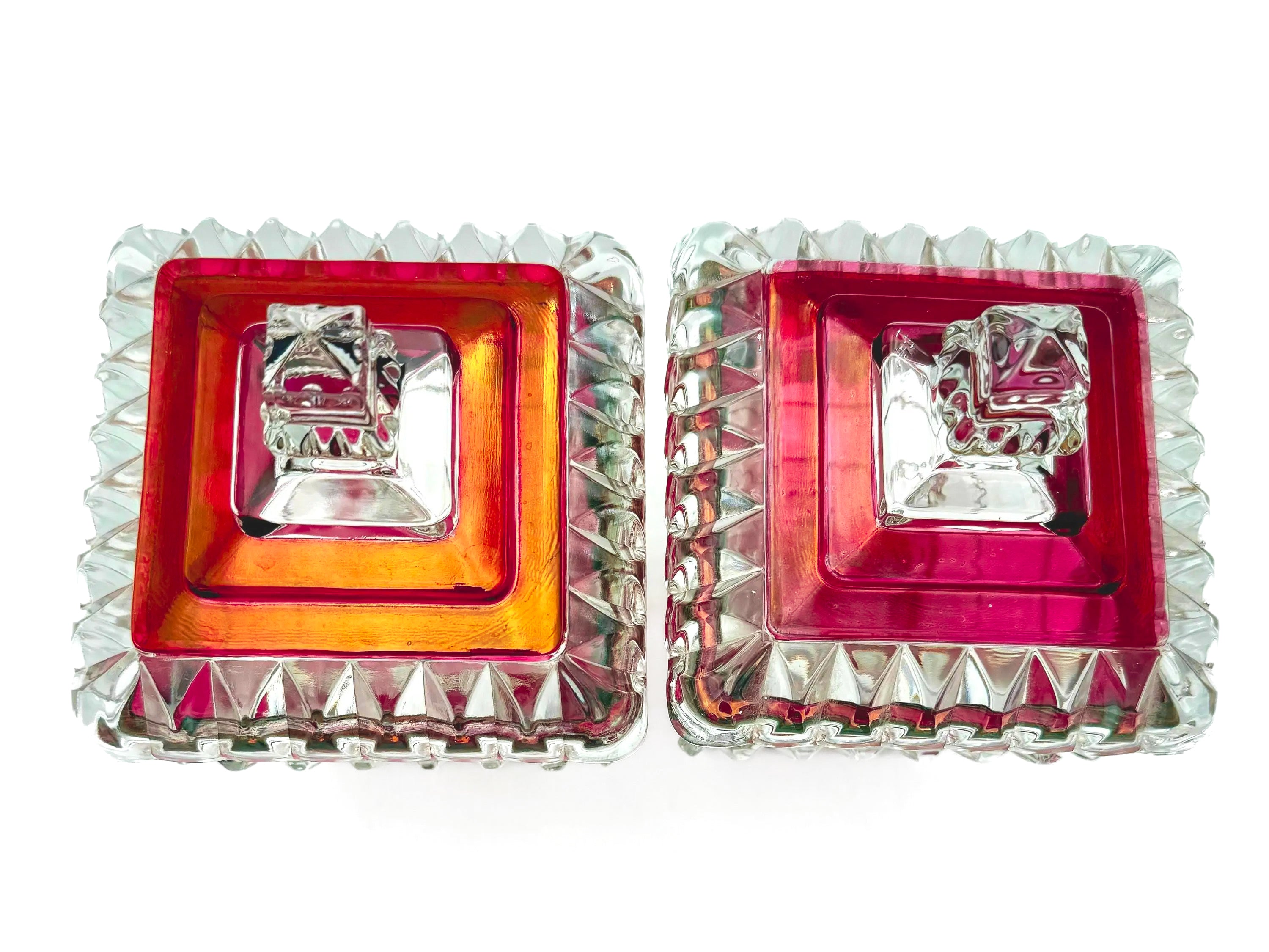 1890s Victorian ruby-stained EAPG pedestal compotes with lids, manufactured by U.S. Glass.