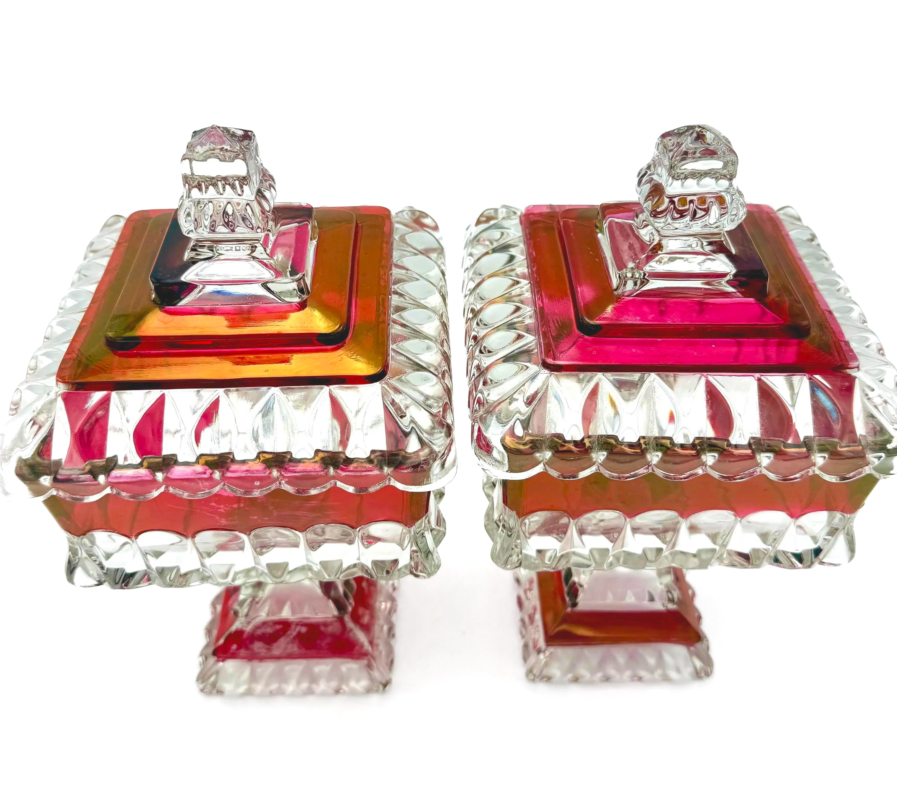 1890s Victorian ruby-stained EAPG pedestal compotes with lids, manufactured by U.S. Glass.