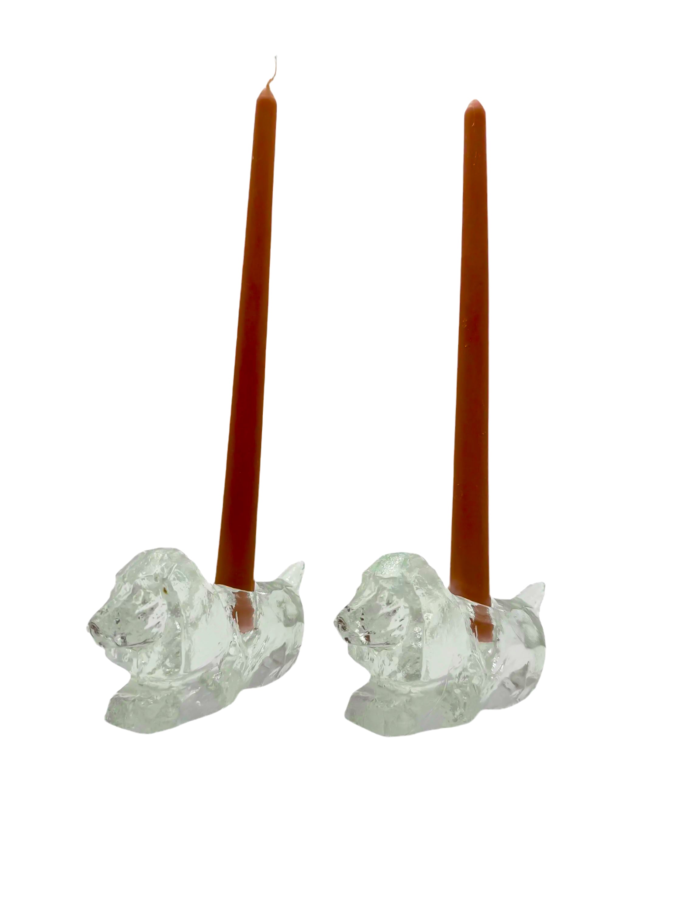 Pair of vintage heavy lead crystal candlestick holders shaped like sitting puppies.
