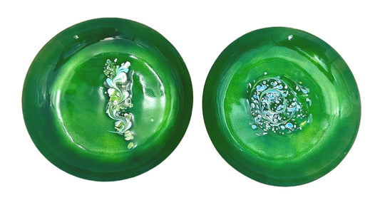 LEON STATHAM ENAMEL ON COPPER PLATES – MID-CENTURY MODERN GREEN ABSTRACT PAIR 8 INCHES