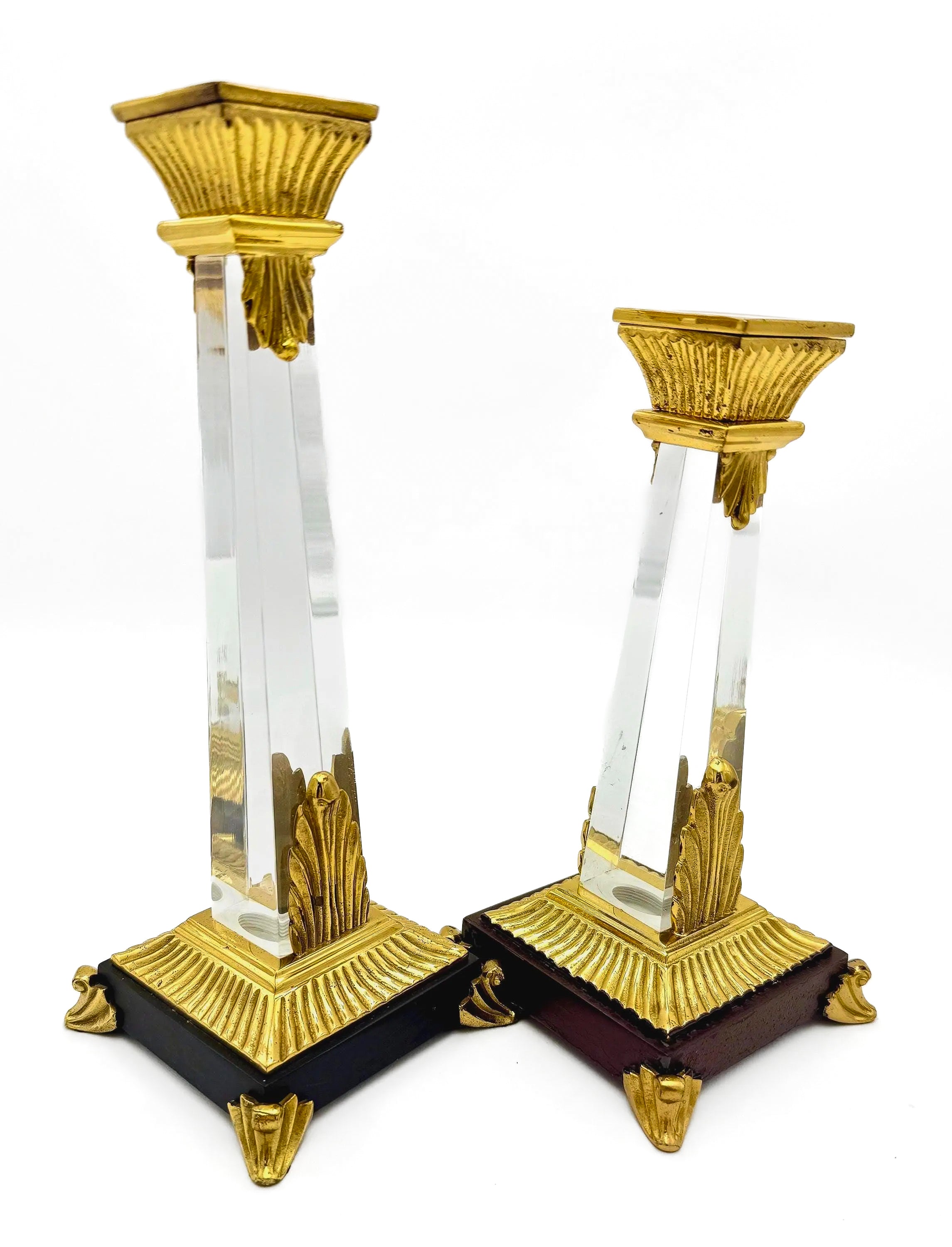 Sleek pair of vintage Art Deco style clear Lucite candlesticks with geometric tiered bases.