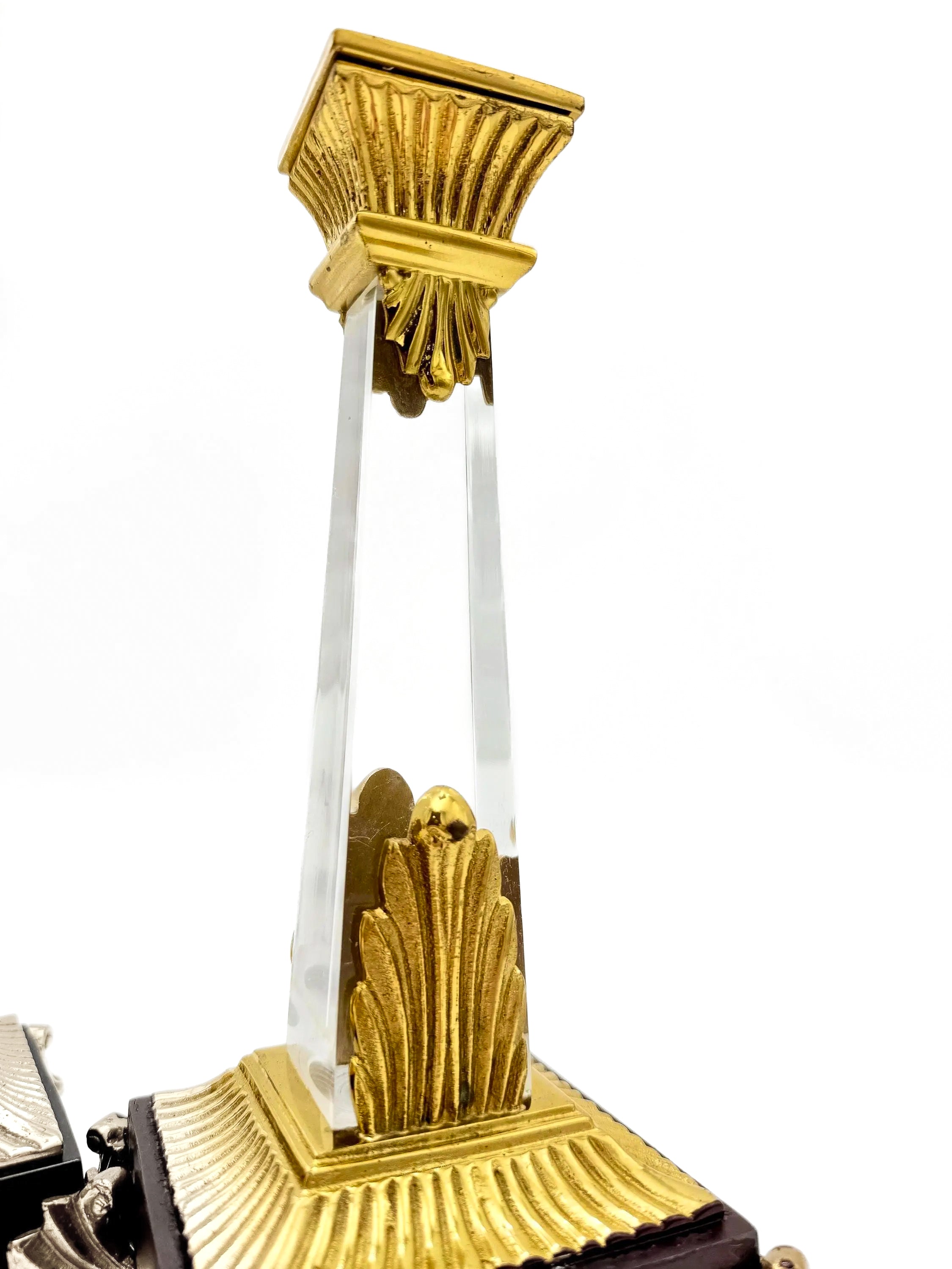 Sleek pair of vintage Art Deco style clear Lucite candlesticks with geometric tiered bases.