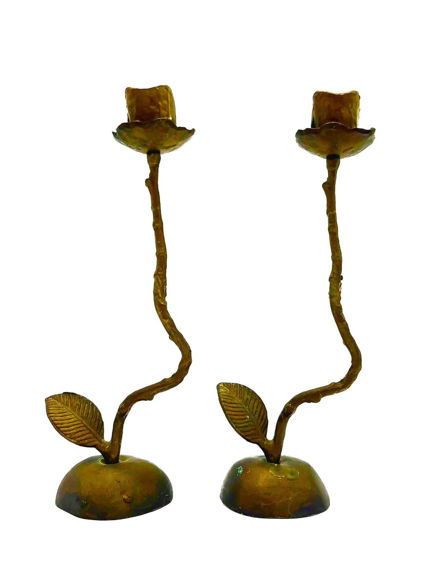Pair of artistic hand-forged bronze taper candle holders shaped like long-stemmed roses.