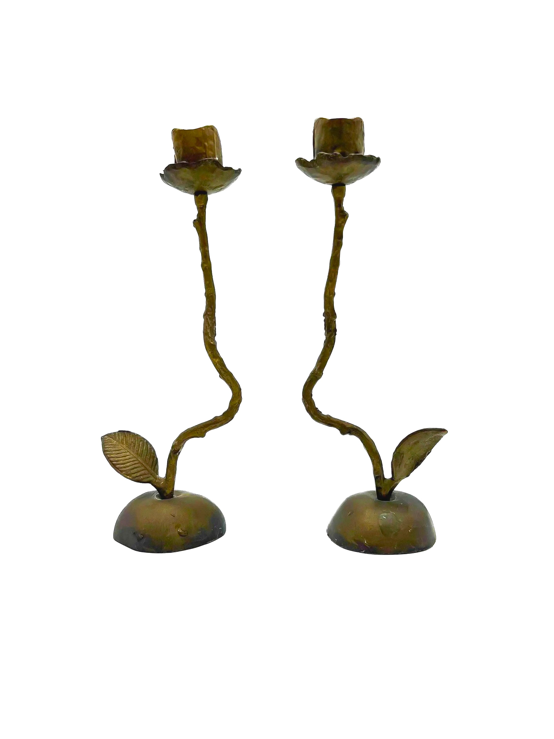 Pair of artistic hand-forged bronze taper candle holders shaped like long-stemmed roses.