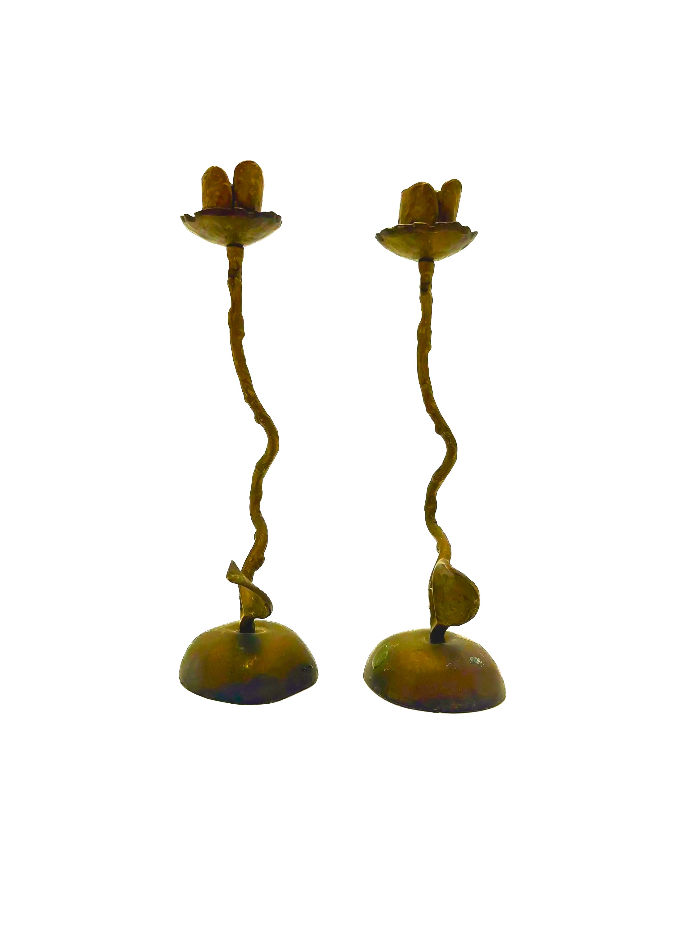 Pair of artistic hand-forged bronze taper candle holders shaped like long-stemmed roses.