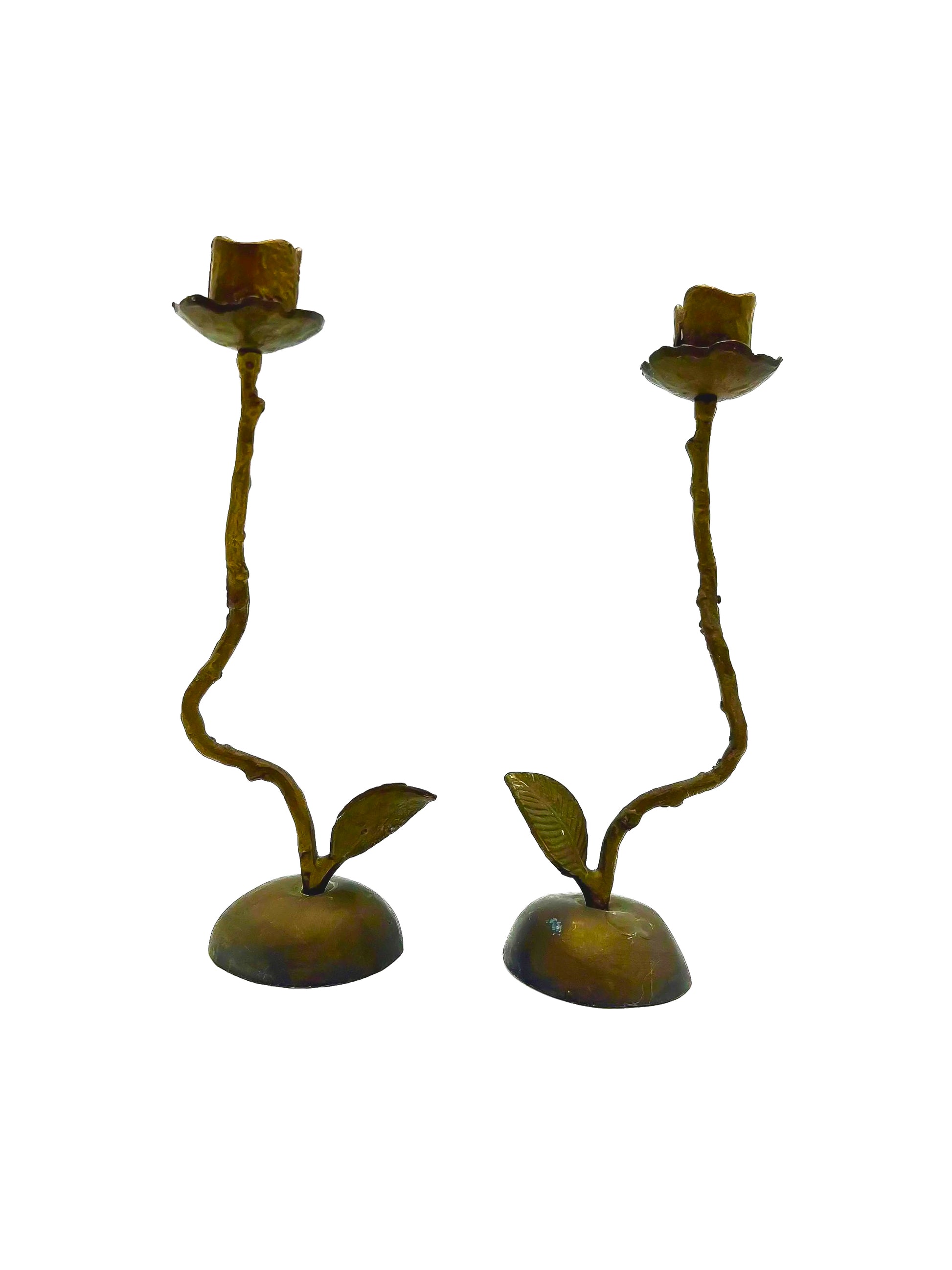 Pair of artistic hand-forged bronze taper candle holders shaped like long-stemmed roses.