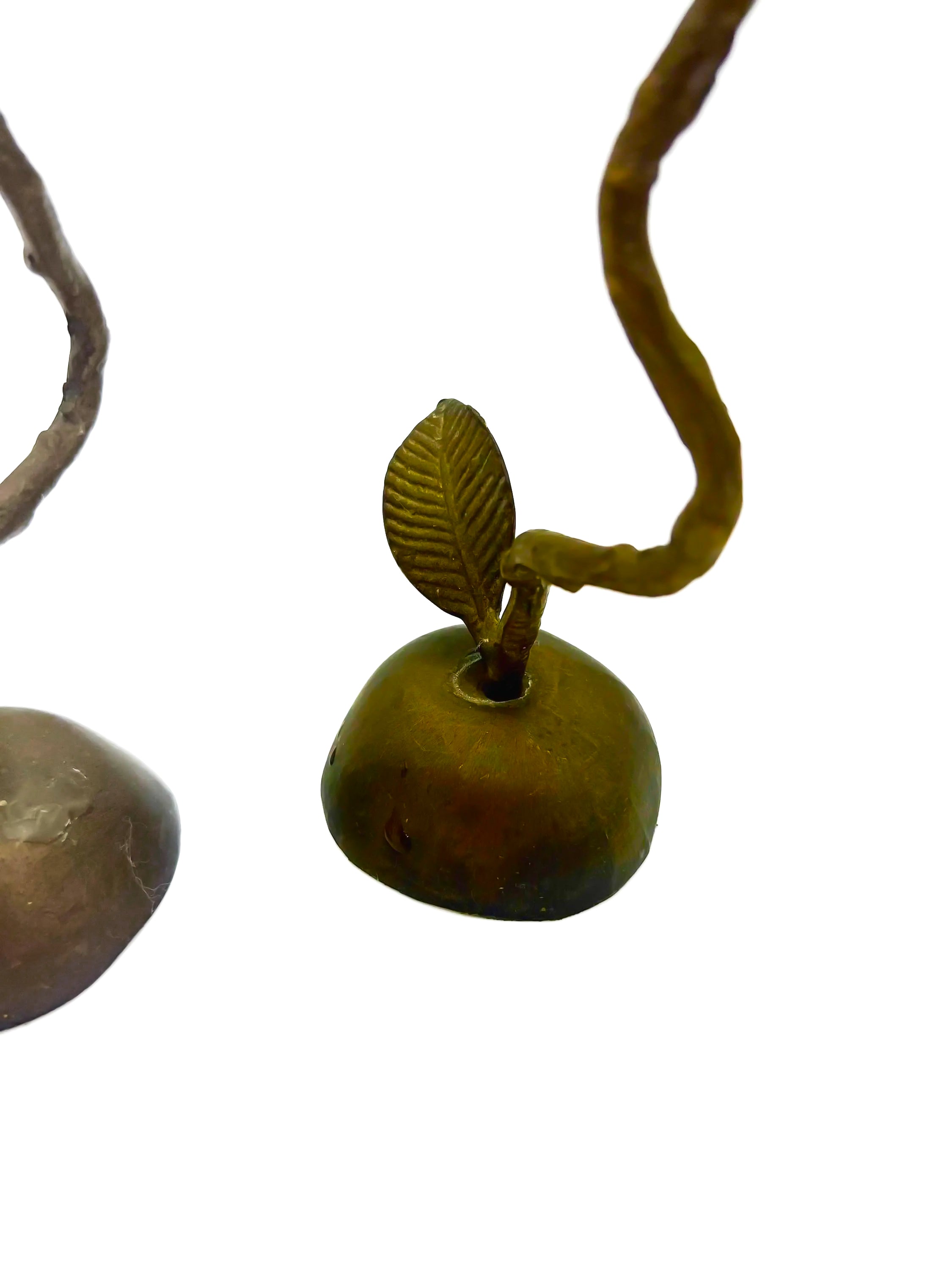Pair of artistic hand-forged bronze taper candle holders shaped like long-stemmed roses.