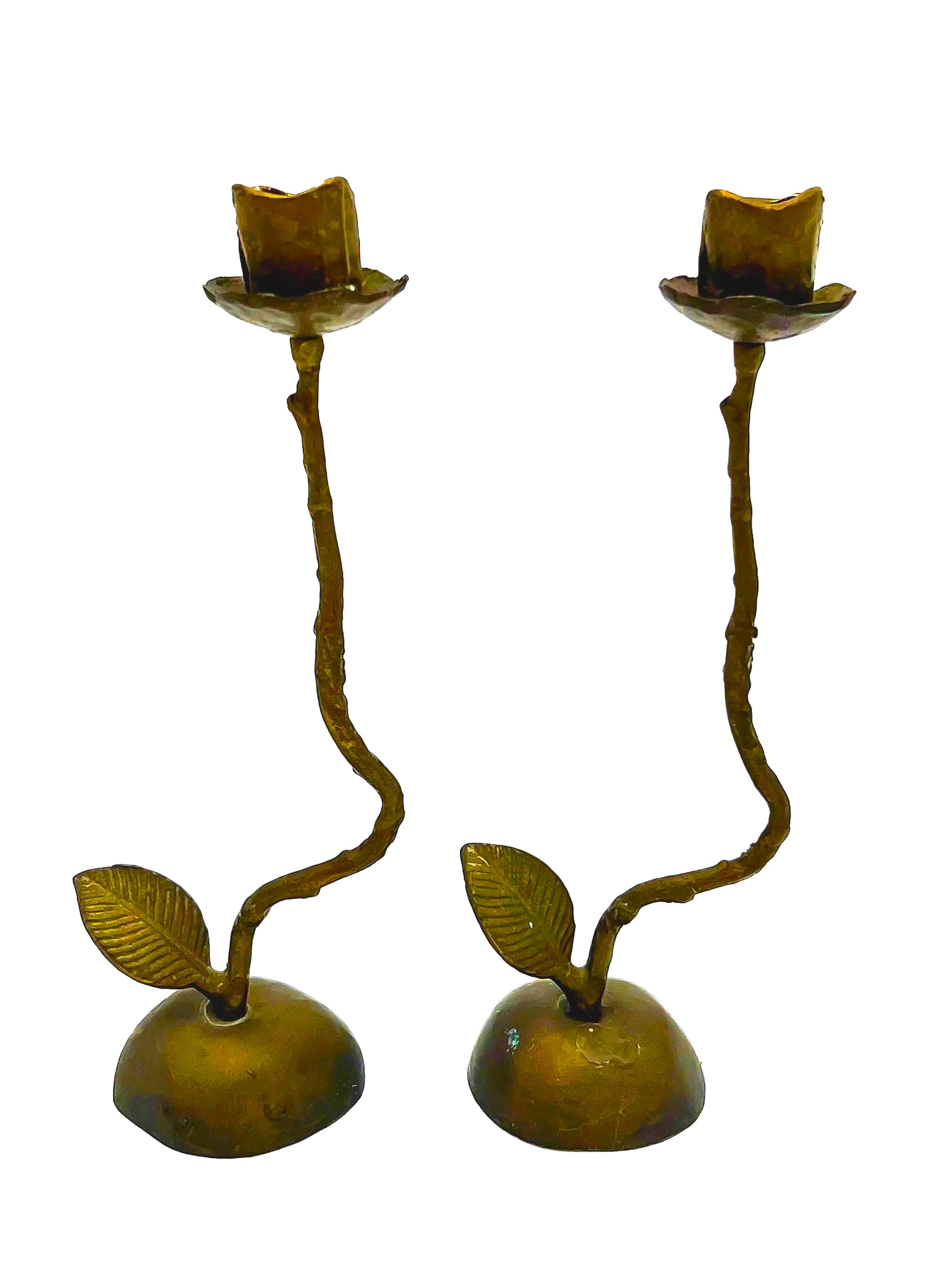 Pair of artistic hand-forged bronze taper candle holders shaped like long-stemmed roses.