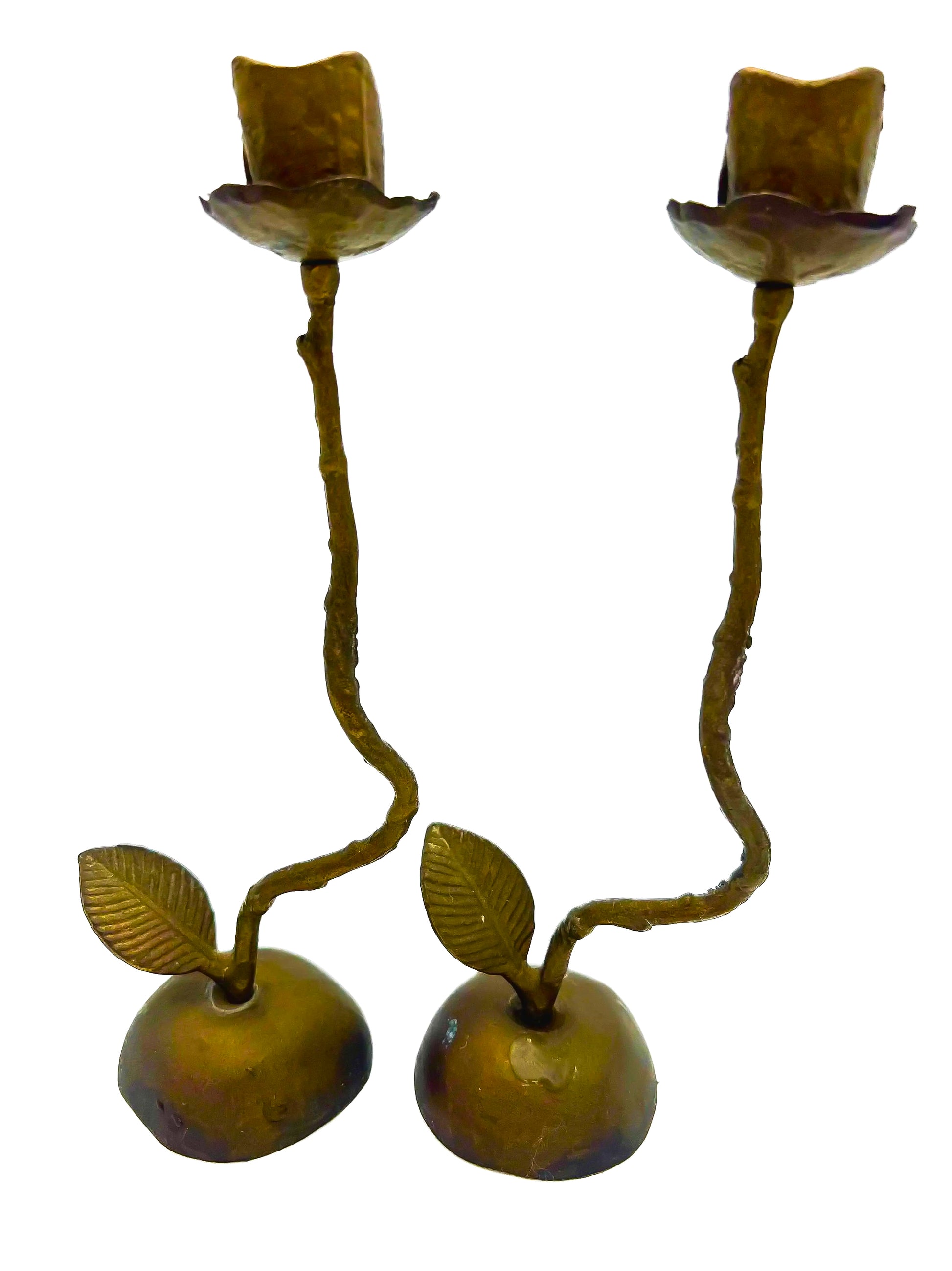 Pair of artistic hand-forged bronze taper candle holders shaped like long-stemmed roses.