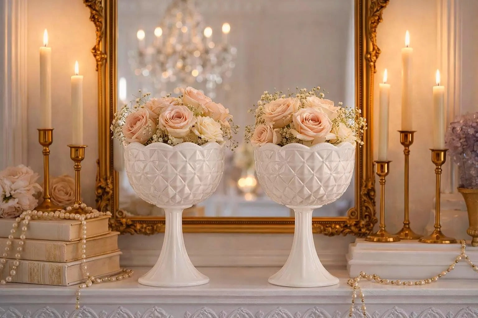 A curated duo of vintage milk glass candle holders in varying heights and classic patterns.