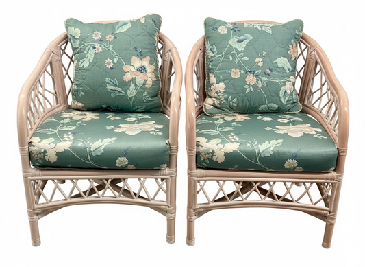 Pair of 1980s Henry Link Rattan Chairs – Vintage Coastal Cottage Seating with Floral Cushions