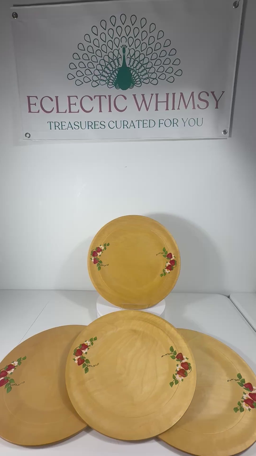 Set of 4 vintage wooden serving chargers hand-painted with realistic strawberry and leaf designs.