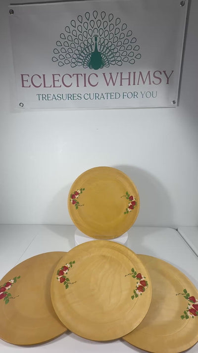 Set of 4 vintage wooden serving chargers hand-painted with realistic strawberry and leaf designs.