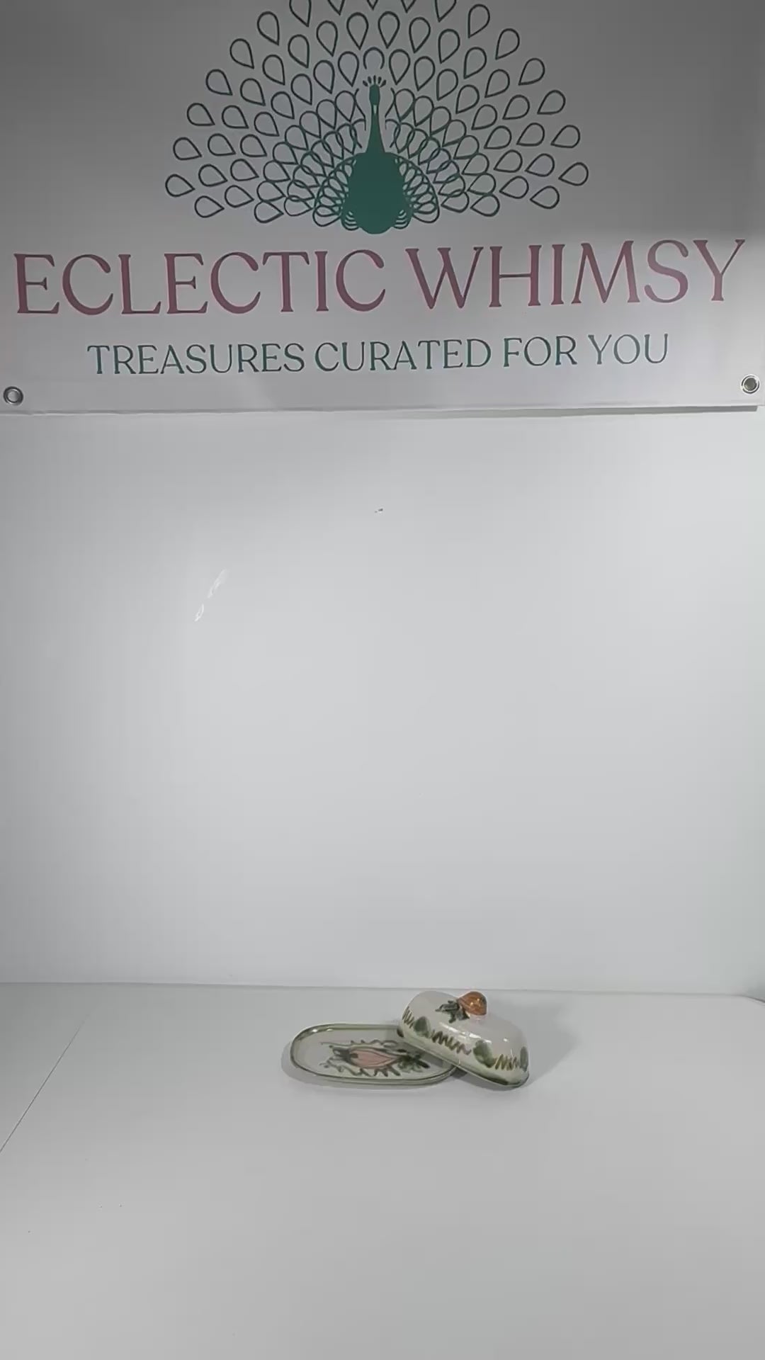 Vintage 1950s John B. Taylor Harvest pattern ceramic covered butter dish with raised fruit motifs.