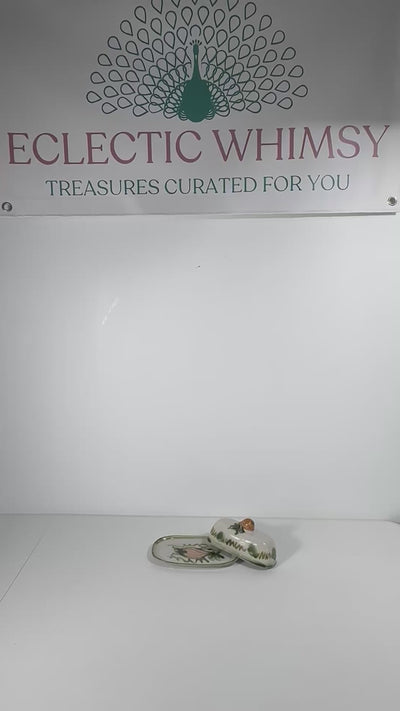 Vintage 1950s John B. Taylor Harvest pattern ceramic covered butter dish with raised fruit motifs.