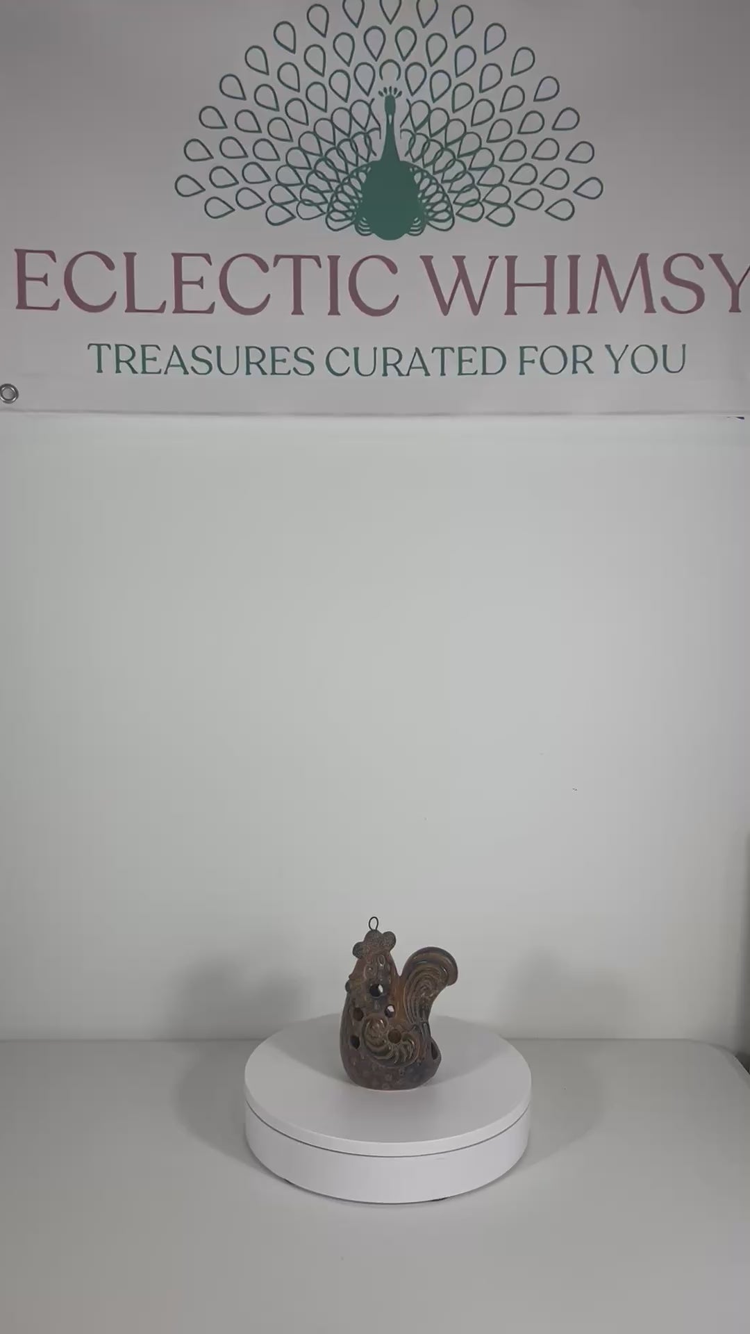 1960s folk art metal rooster candle holder with colorful "New Trends" era styling.