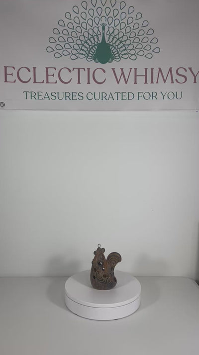 1960s folk art metal rooster candle holder with colorful "New Trends" era styling.