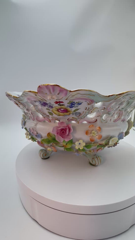 VINTAGE DRESDEN STYLE PORCELAIN JARDINIERE CENTERPIECE BOWL WITH APPLIED FLORALS AND GILT SCROLL FEET 1950S