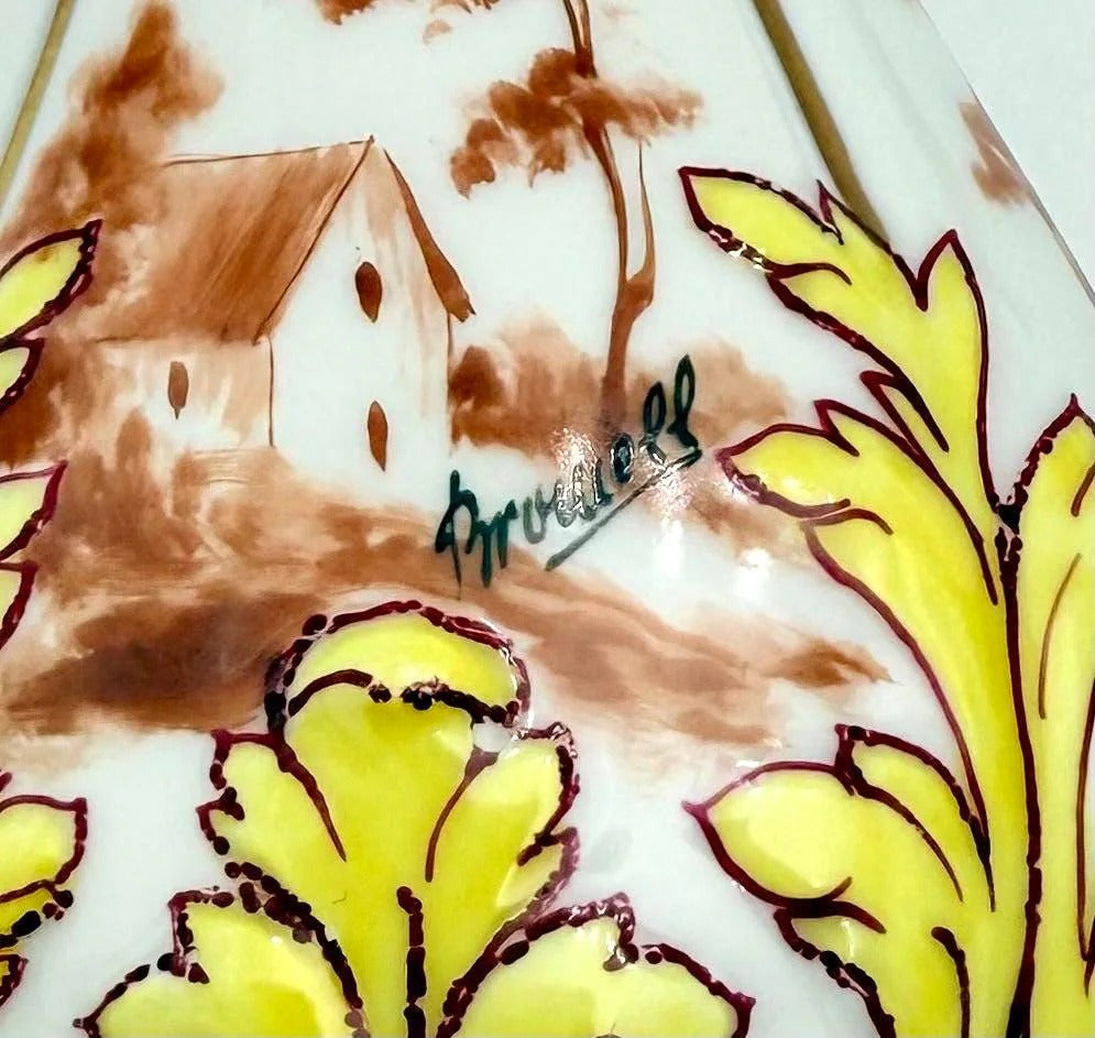 Pair of 19th-century French porcelain cologne bottles with intricate hand-painted Victorian scenes.