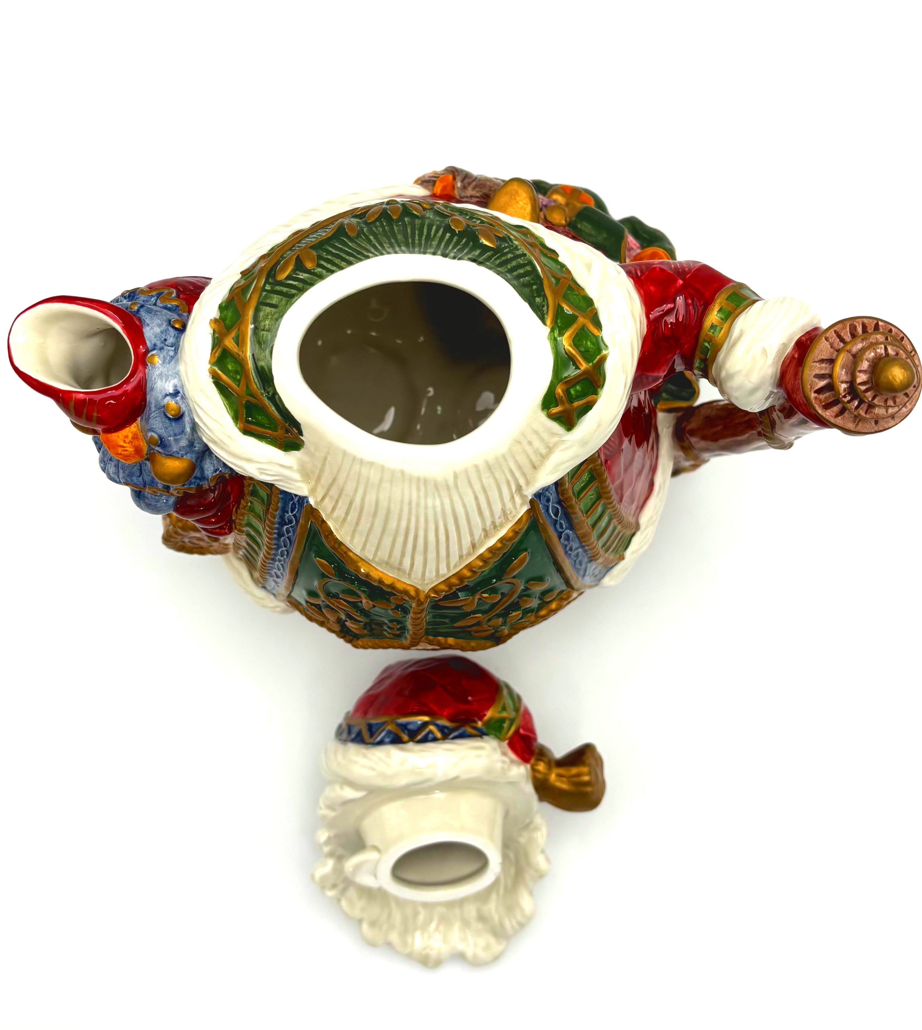 VINTAGE FITZ AND FLOYD SANTA TEAPOT – HAND-PAINTED CERAMIC CHRISTMAS SERVEWARE