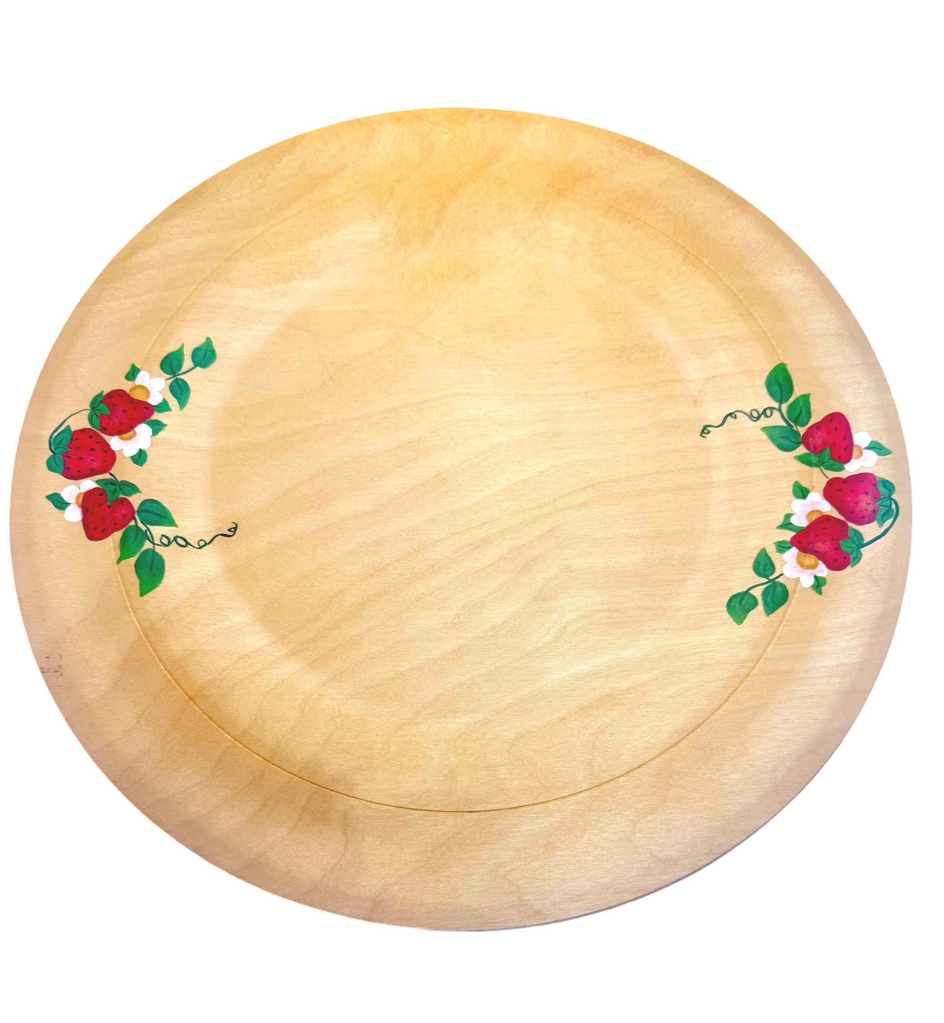 Set of 4 vintage wooden serving chargers hand-painted with realistic strawberry and leaf designs.
