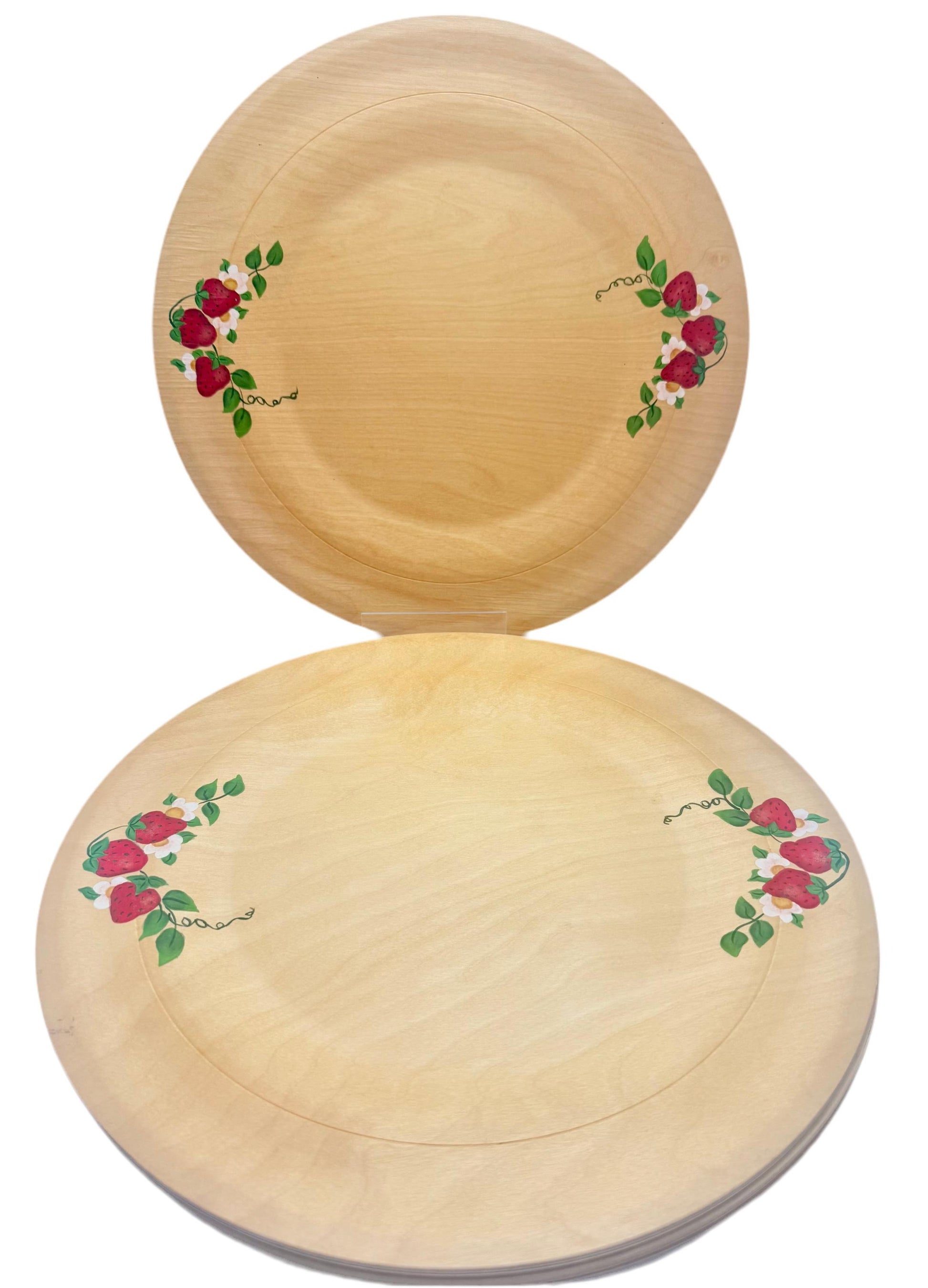 Set of 4 vintage wooden serving chargers hand-painted with realistic strawberry and leaf designs.