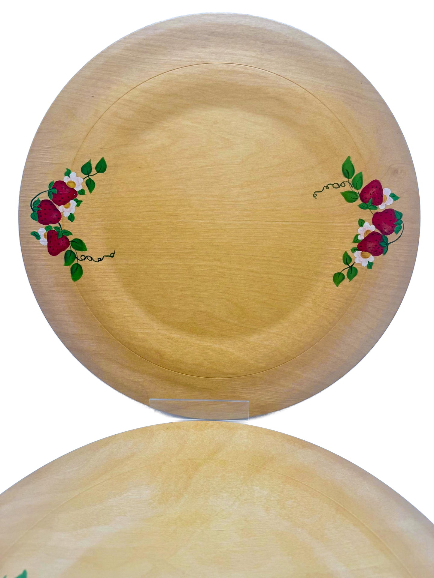 Set of 4 vintage wooden serving chargers hand-painted with realistic strawberry and leaf designs.