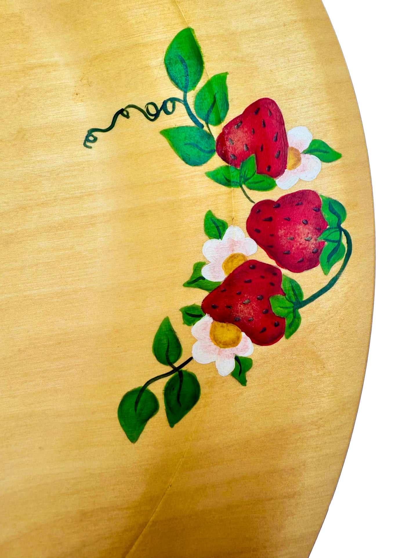 Set of 4 vintage wooden serving chargers hand-painted with realistic strawberry and leaf designs.