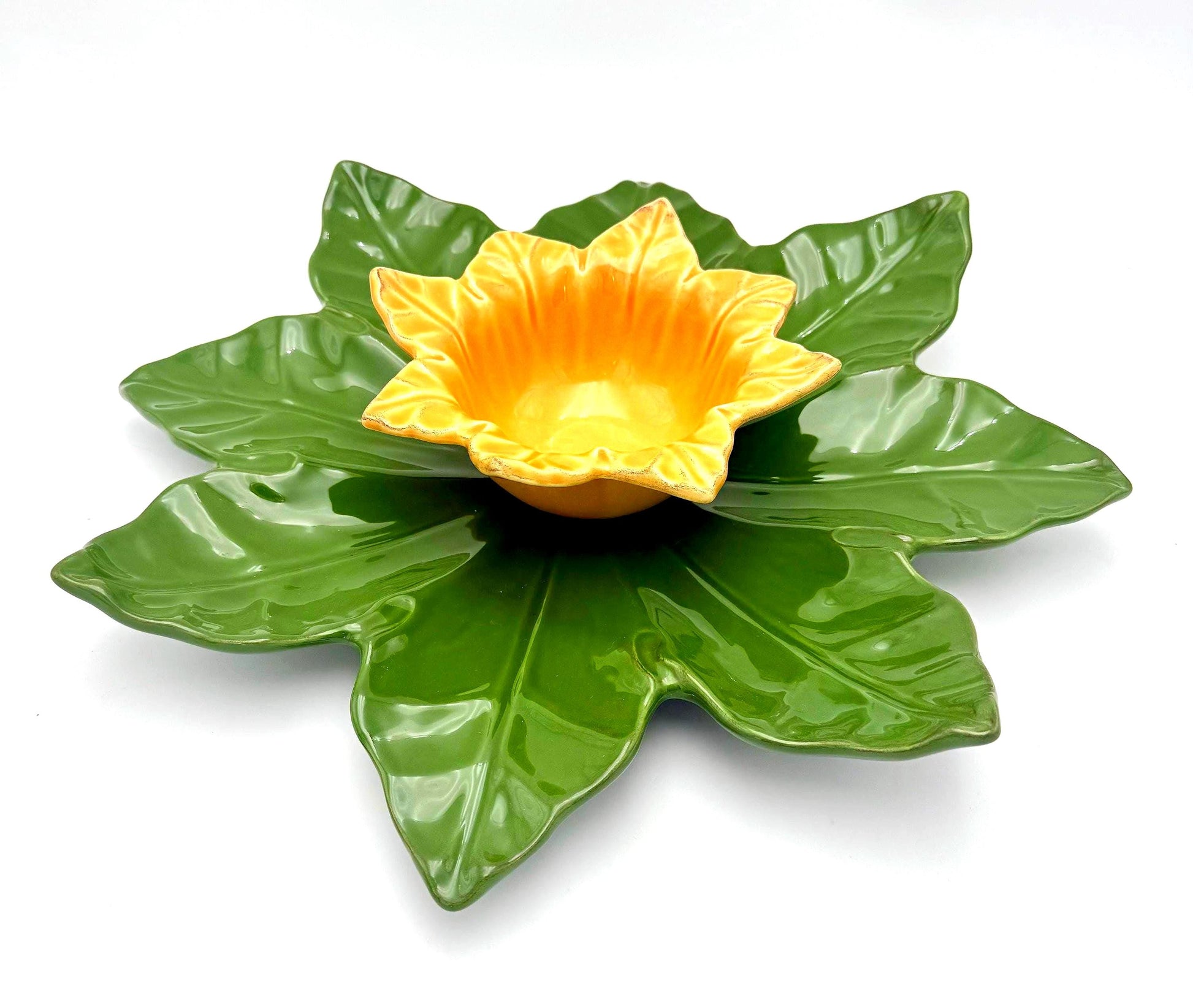 Large 17-inch Portuguese ceramic chip and dip set with a leaf-shaped platter and 7.5-inch flower bowl.