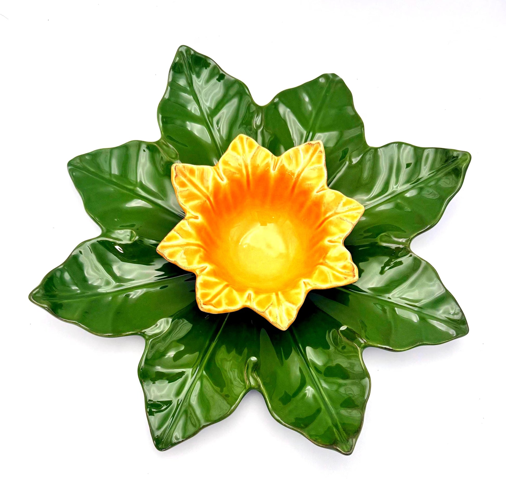 Large 17-inch Portuguese ceramic chip and dip set with a leaf-shaped platter and 7.5-inch flower bowl.