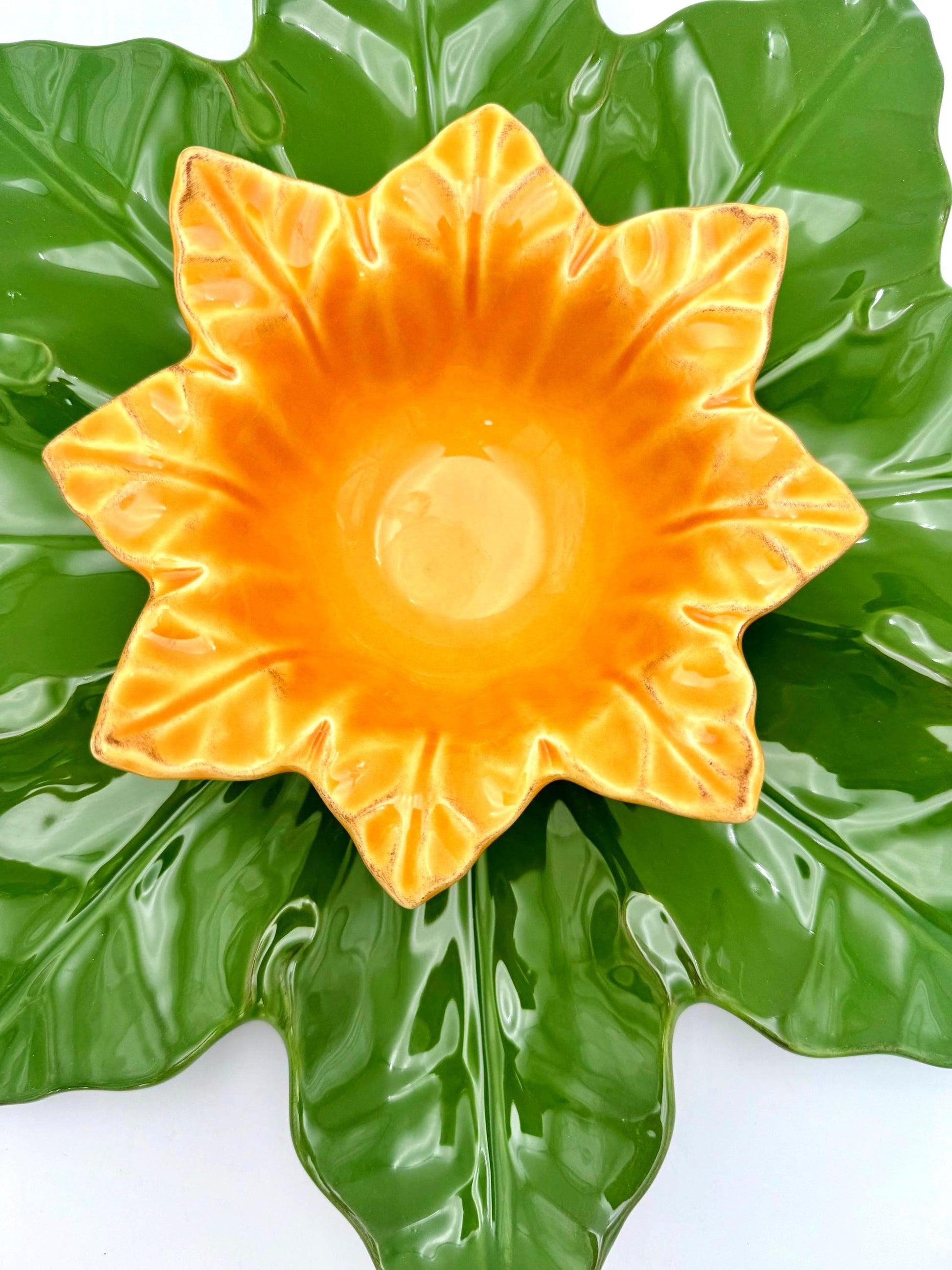 Large 17-inch Portuguese ceramic chip and dip set with a leaf-shaped platter and 7.5-inch flower bowl.
