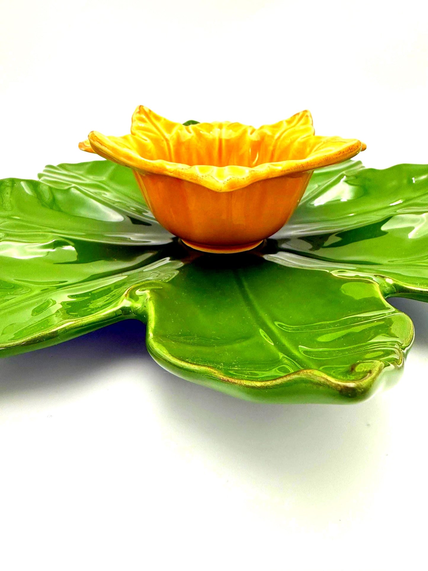 Large 17-inch Portuguese ceramic chip and dip set with a leaf-shaped platter and 7.5-inch flower bowl.